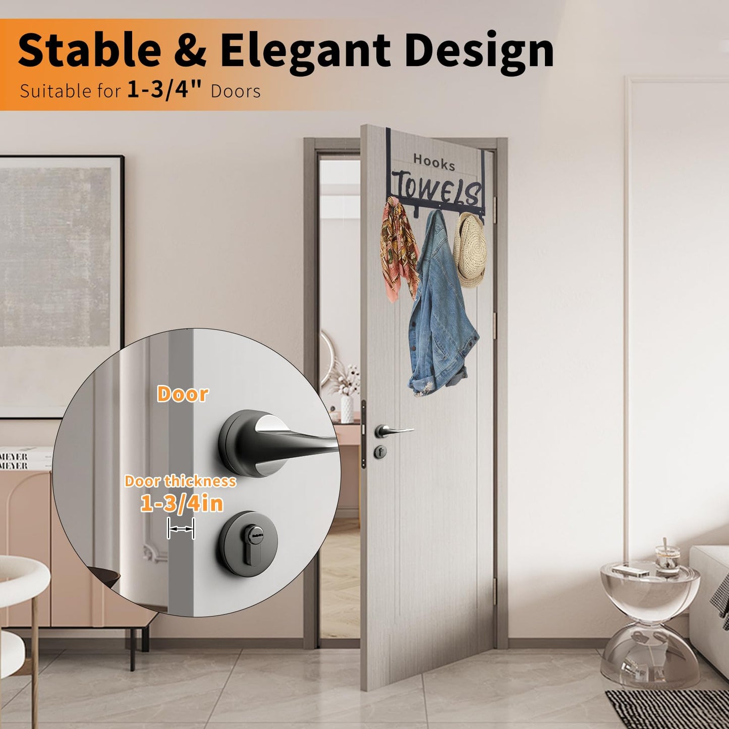 Gohiuo Over The Door Hook, Towel Holder Towel Hook for Bathroom, Towel Hanger Door Rack with 5 Coat Hooks, Over The Door Hanger Towel Rack for Bathroom, Bedroom Towels Coats, Black