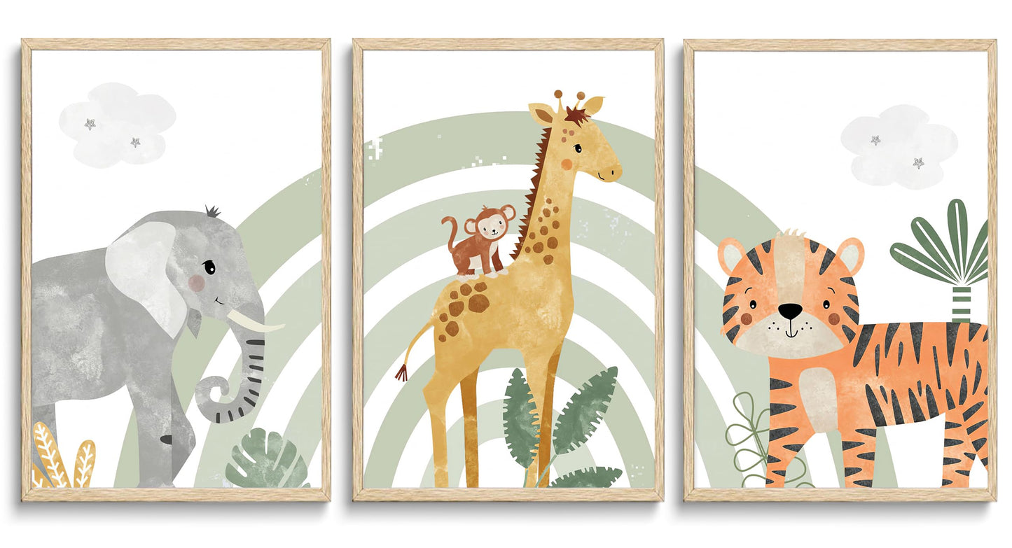 3Pcs Safari Animals Canvas Wall Art elephant tiger giraffe Posters Prints Bohemian Rainbow elements Paintings Pictures wall decor for Nursery Baby Bedroom Decorations Unframed