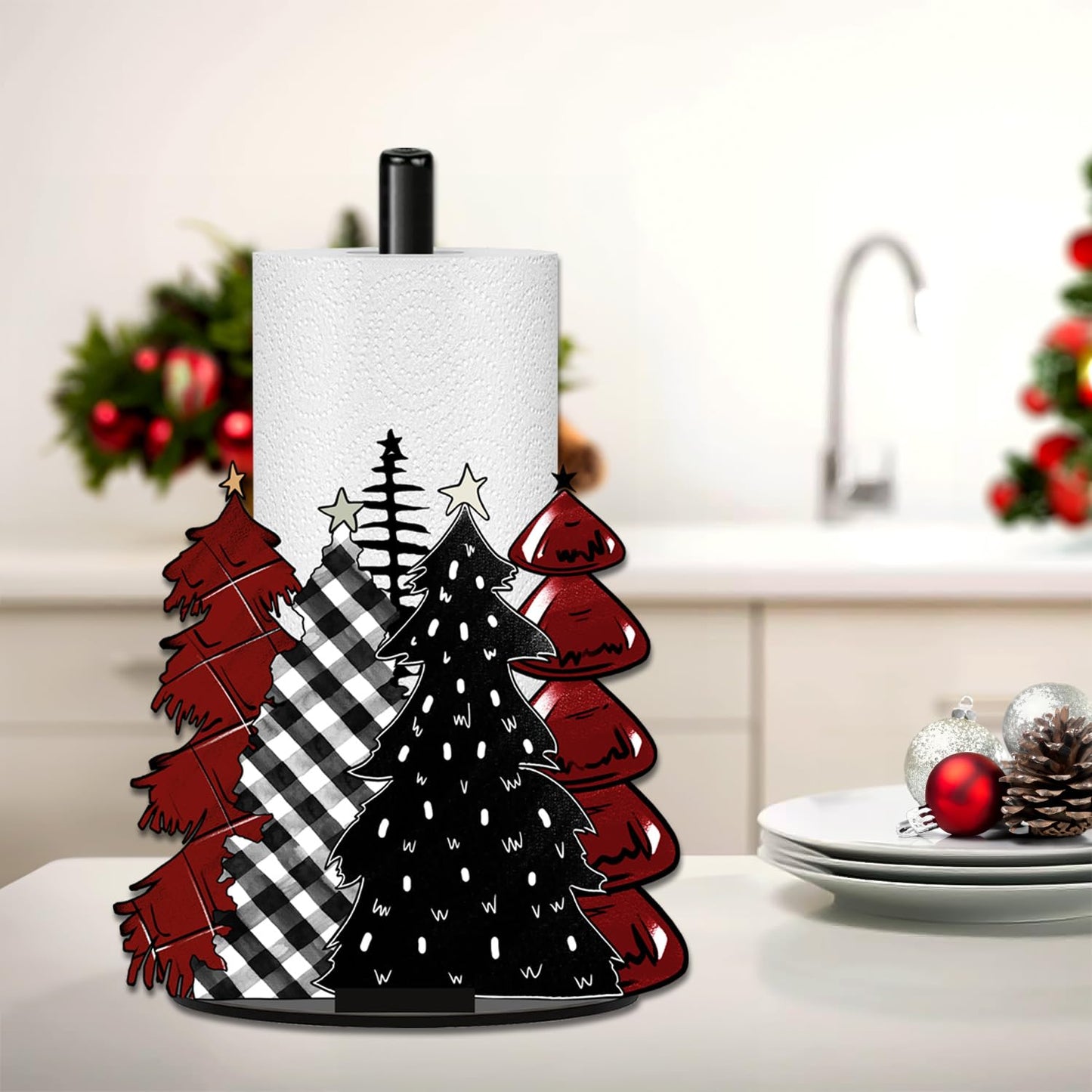Christmas Paper Towel Holder, Red Truck Christmas Decor, Buffalo Plaid Christmas Tree Towels Paper Holder for Kitchen Countertop Bathroom Home Farmhouse, Winter Holiday Decoration Replaceable 2 Panels