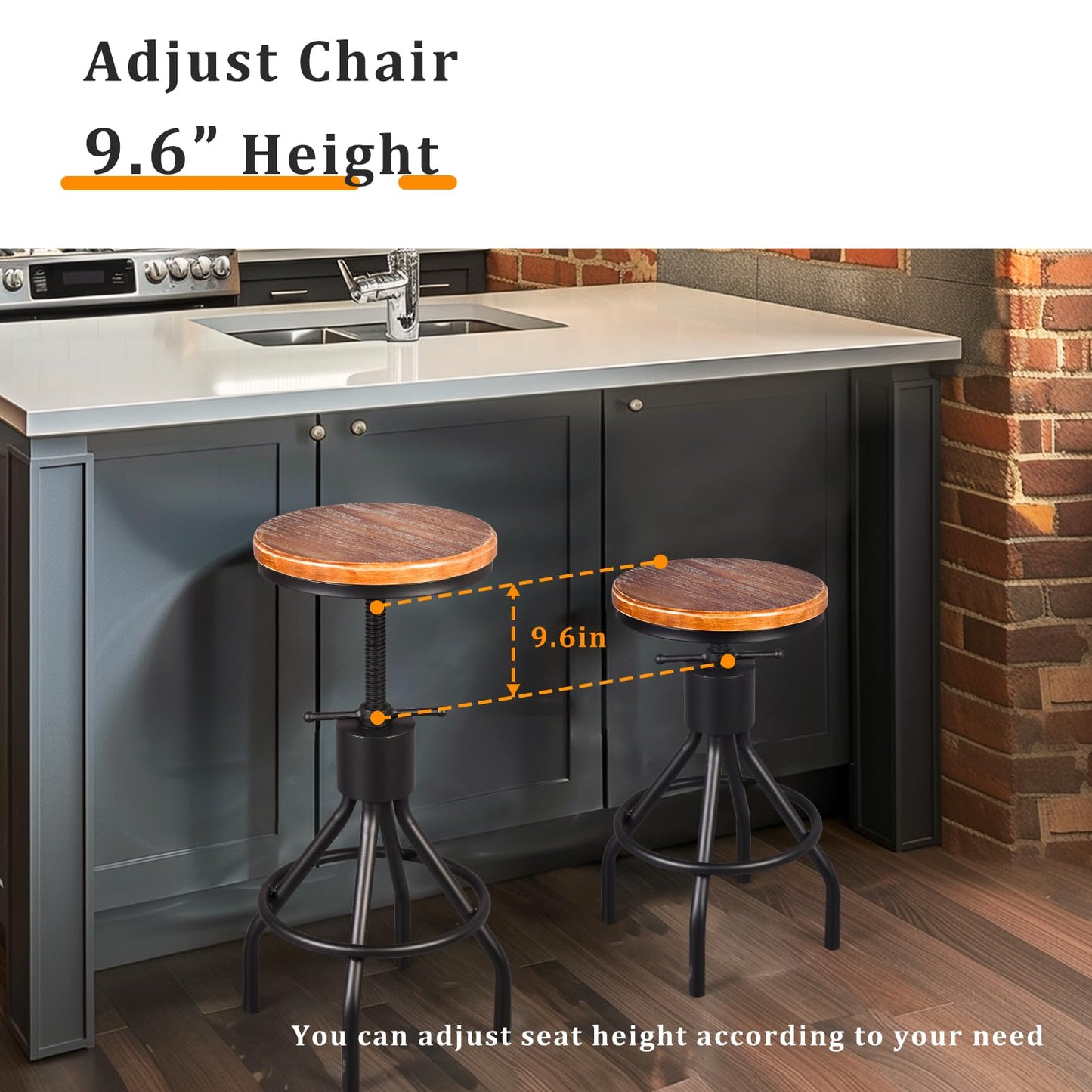Industrial Bar Stool-Set of 2-Swivel Counter Coffee Chair-Extra Pub Height Adjustable 22-33 inch