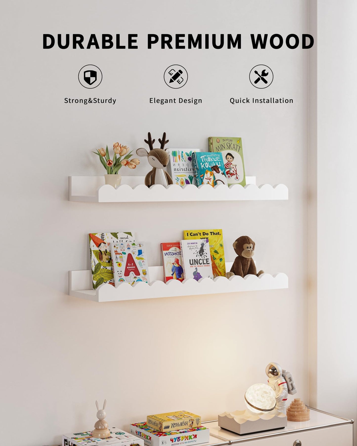 Shario Nursery Book Shelves, 4-Pack White Floating Shelves for Wall Kids, Scalloped Shelves, Wall Book Shelves for Bedroom Kids, Toddler Room, Baby Room, Nursery Decor