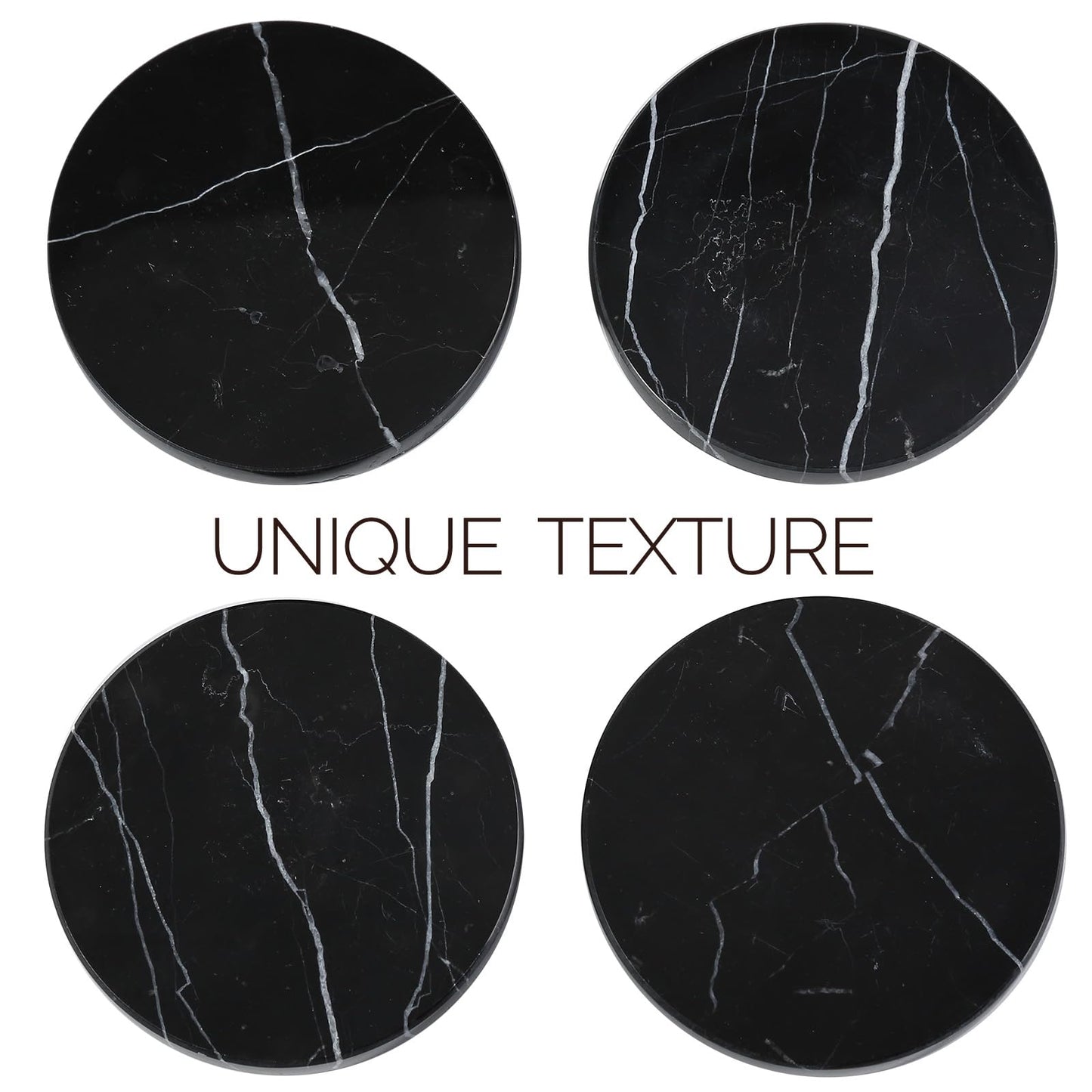 Koville Marble Coaster Set of 4, Round Coasters, 4" Stone Coaster for Drinks Coffee, White Marble Coasters for Coffee Table Home Bar Decor, Heat Resistant, Gift Choice(Black)