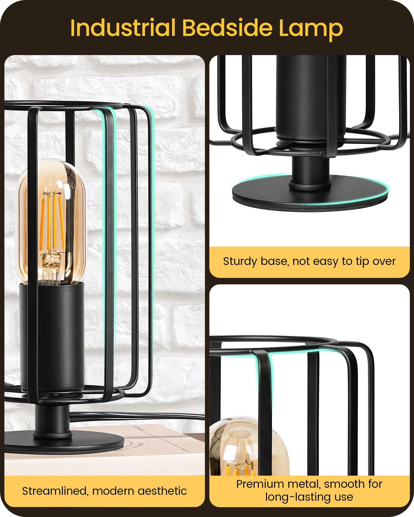GOEBLESON Industrial Small Table Lamp, Small Bedside Lamp with Dimmable 2400K Warm Light LED Bulb, Vintage Desk Lamp, Black Nightstand Lamp for Bedroom, Study, Office, Small Space, B05TL05