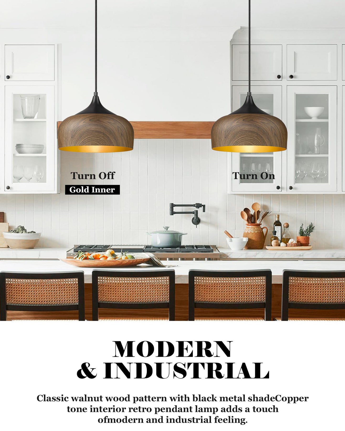 ELYONA Modern Pendant Light Walnut Wooden Pattern Dome Pendant Light Fixture Matte Black Metal Gold Inner Finish Adjustable Hanging Lighting for Kitchen Island Dining Room Office Hallway Foyer Bedroom