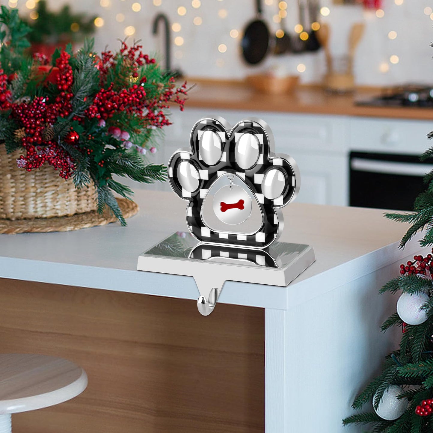 Fowecelt Dog Paw Christmas Stocking Holder with Small Paw Pendant 3D Silver Metal Mantel Black Buffalo Plaid Stocking Hanger for Fireplace Mantel Shelf Stand Table Christmas Decor