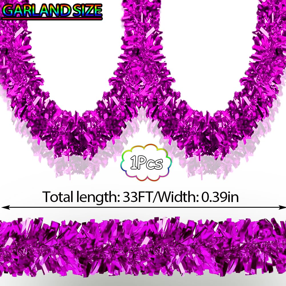 33Ft Christmas Tinsel Garland Shiny Thick Rosy Tinsel Decor Xmas Tree Decorations Metallic Twist Foil Garland for Birthday Thanksgiving Day New Year Parties Indoor Outdoor Party Supplies - Rosy