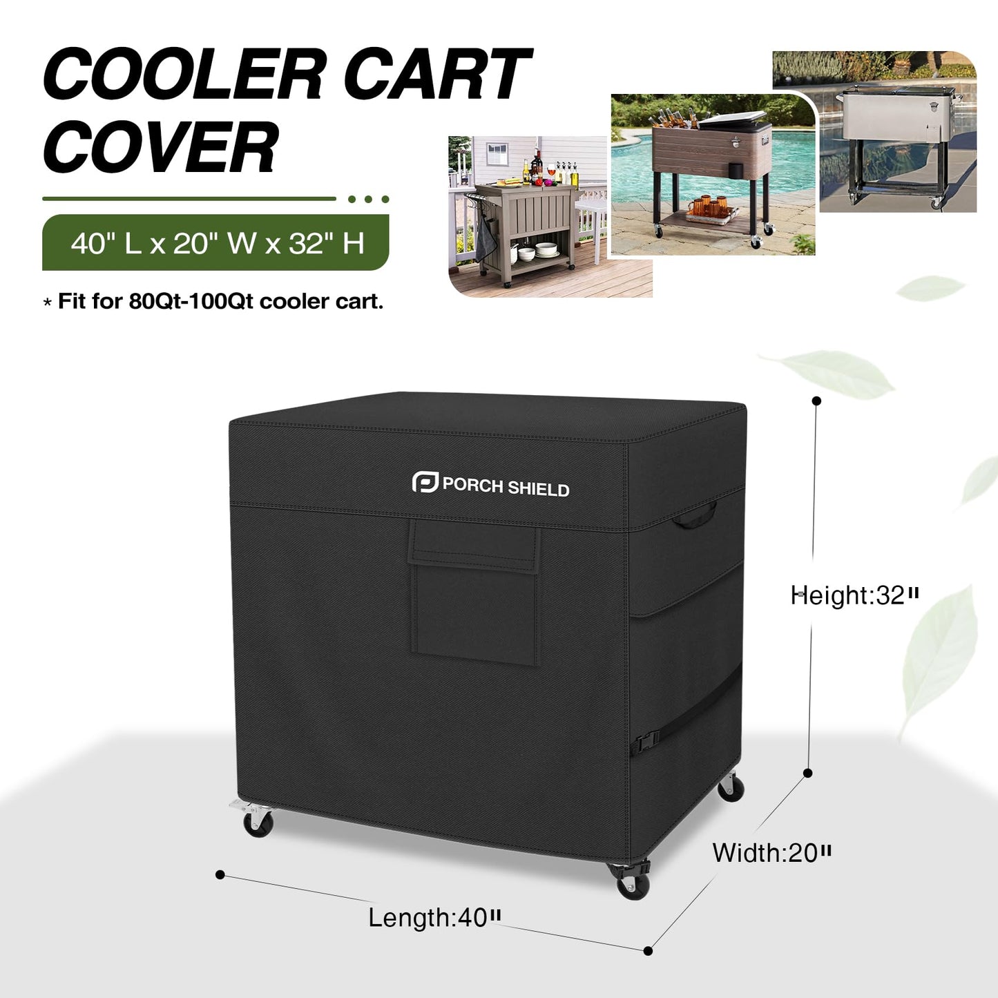 Porch Shield Waterproof Rolling 80-100 Qt Cooler Cart Cover Fits Most Patio Ice Chest Party Cooler (Black, 40"L x 20"W x 32"H)