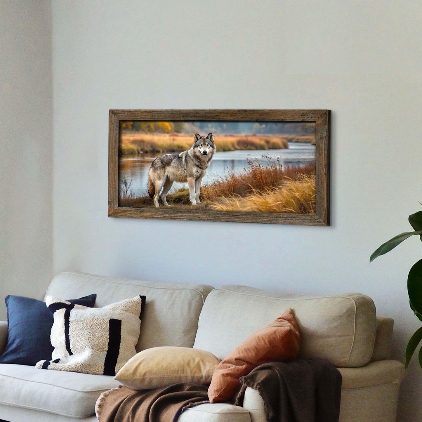 Wolf Wall Art Framed Decor: Rustic Cabin Wood Print Picture Wildlife Nature Painting Wild Animal Landscape Artwork for Bedroom Living Room Office 40 x 20 Inch