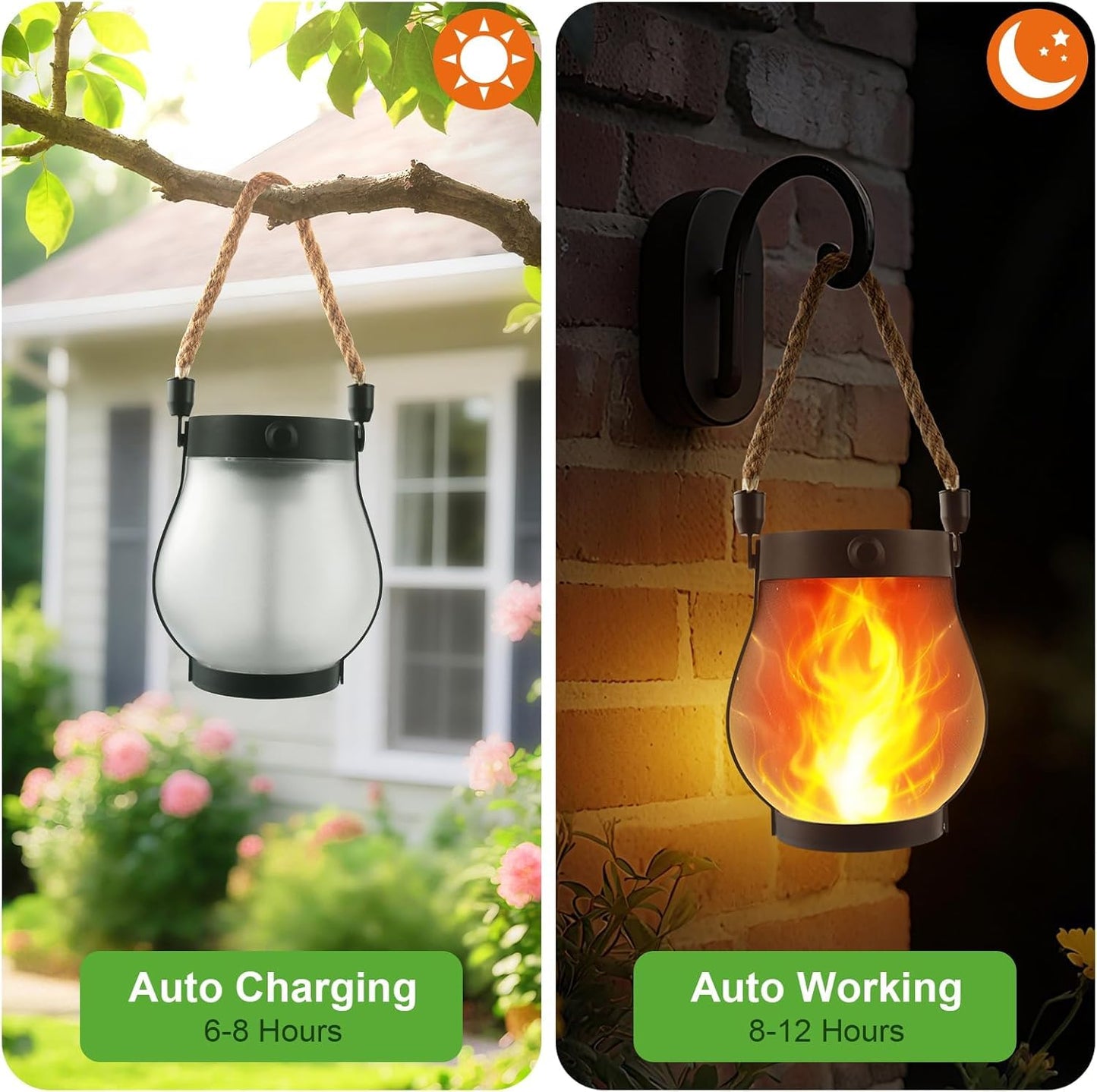 Solar Lanterns Outdoor Waterproof - 2 Pack Flickering Flame Hanging Lights with 2 Modes & Solar USB Dual Charging for Outside Yard Garden Patio Porch Pathway Tabletop Holiday Decor