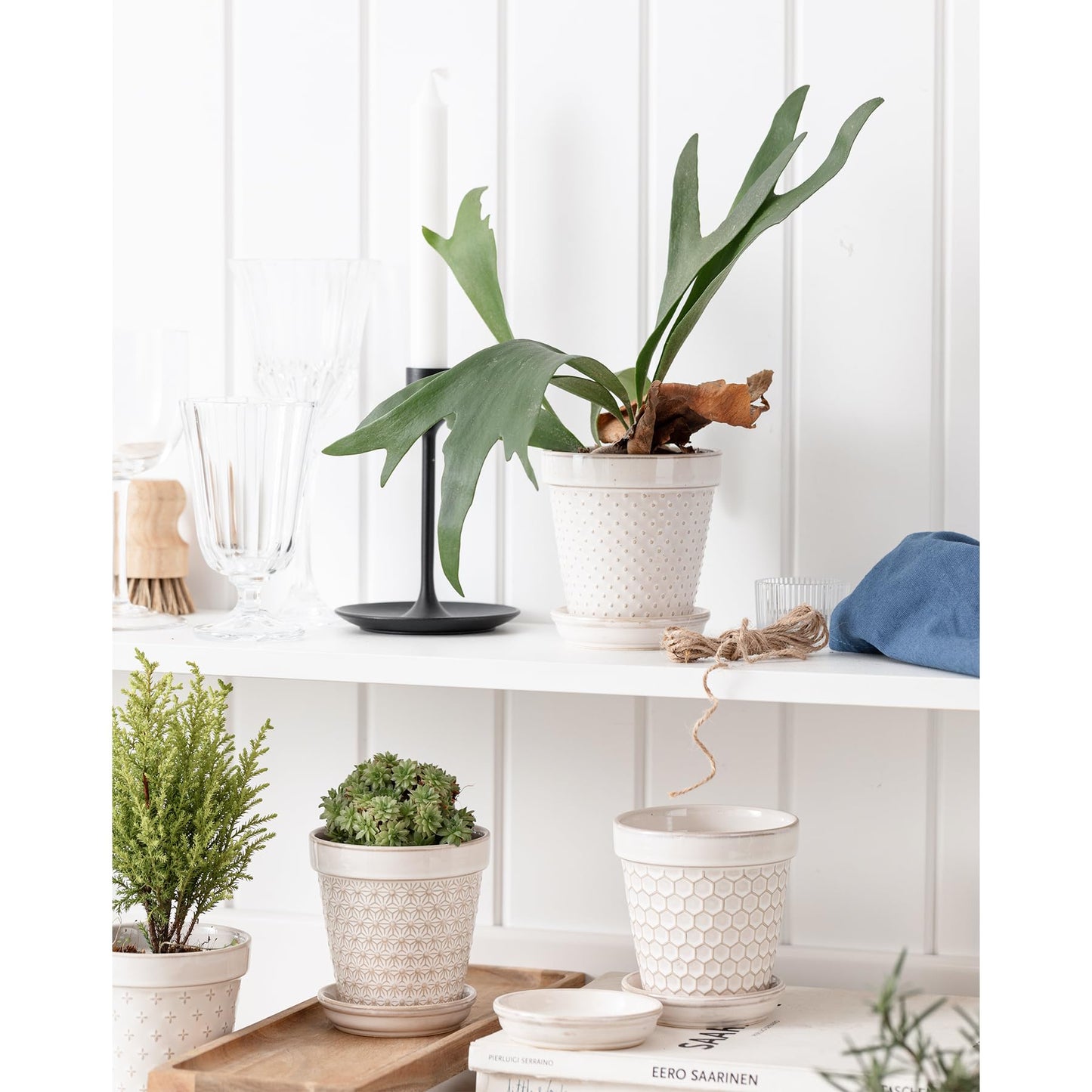 MIKIGEY Ceramic Succulent Pots with Drainage Hole & Saucer, 4 Inch Small Plant Pots, Ceramic Planter for Indoor Plants, Embossed Flower Pots, Home Decor, Set of 4, Off-White
