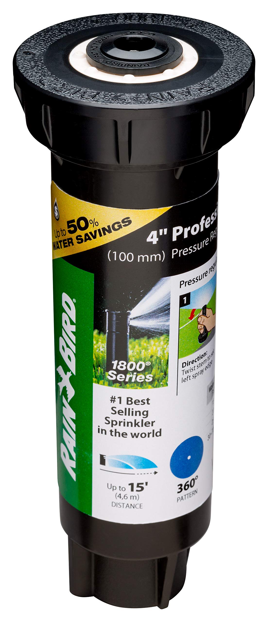 Rain Bird 1804FDSP25 Pressure Regulating (PRS) Professional Dual Spray Pop-Up Sprinkler, 360° Full Circle Pattern, 8' - 15' Spray Distance, 4" Pop-up Height