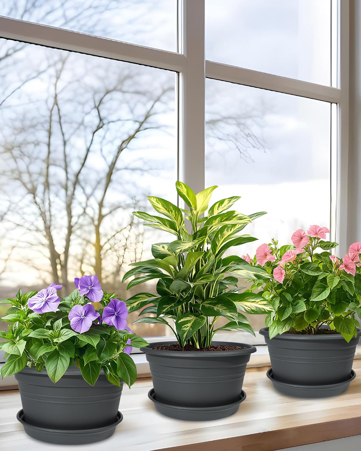 VIDELLY 10 Inch Gray Flower Pots 4-Pack, Plastic Planters with Drainage Hole & Tray, Indoor Outdoor Plant Pots for House Plants, Garden, Patio, Office Home Decor – Modern Decorative Plant Containers
