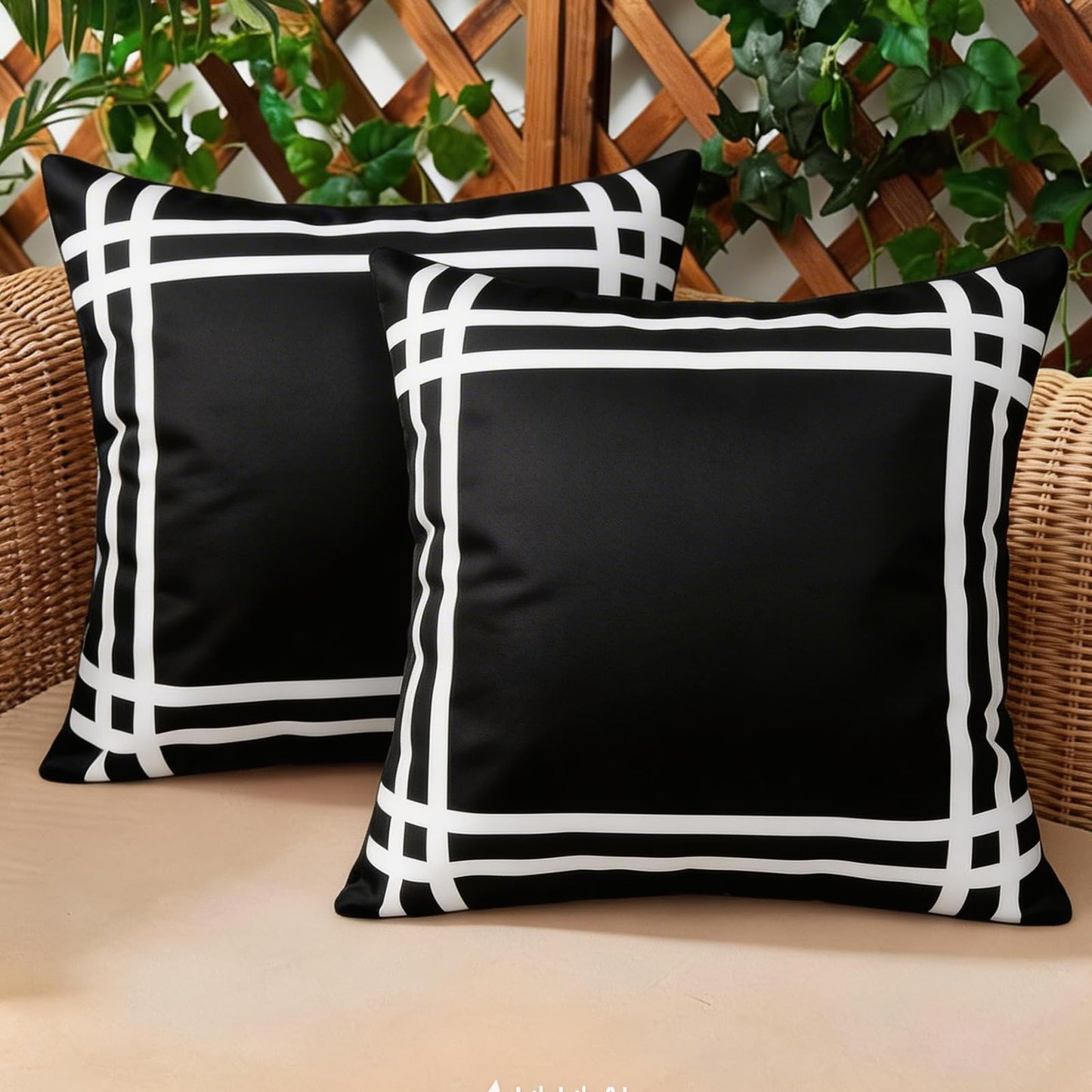 Adabana Pack of 2 Outdoor Waterproof Plaid Throw Pillow Covers Farmhouse Decorative Black Tartan Outdoor Pillow Covers for Patio Furniture Beach Chair 18x18 inch, Black