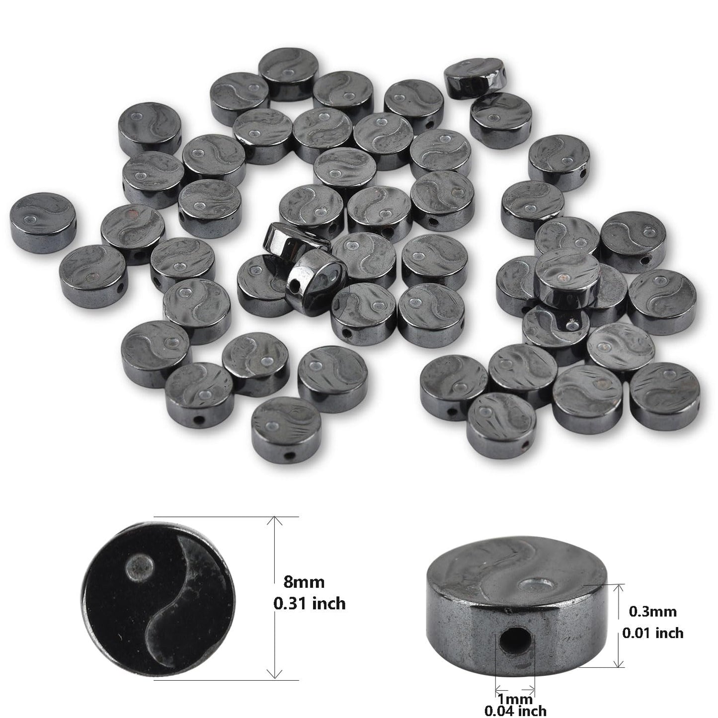 HAAMIIQII 50pcs 8mm Natural Black Hematite Loose Gemstone Beads Yin Yang Coin Shape Spacer Stone Beads for Jewelry Making DIY Bracelets Necklaces Crafting