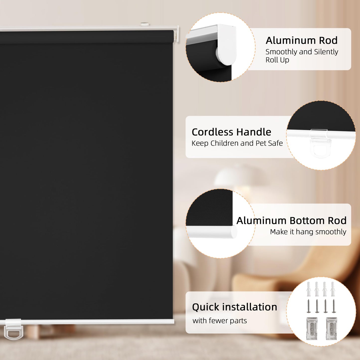 ChrisDowa Cordless Blackout Roller Shades for Windows, Thermal Insulated UV Protection Pull Down Shades, Total Blackout Window Blinds for Home, Office, Bedroom, Door (22" W x 72" H, Black)