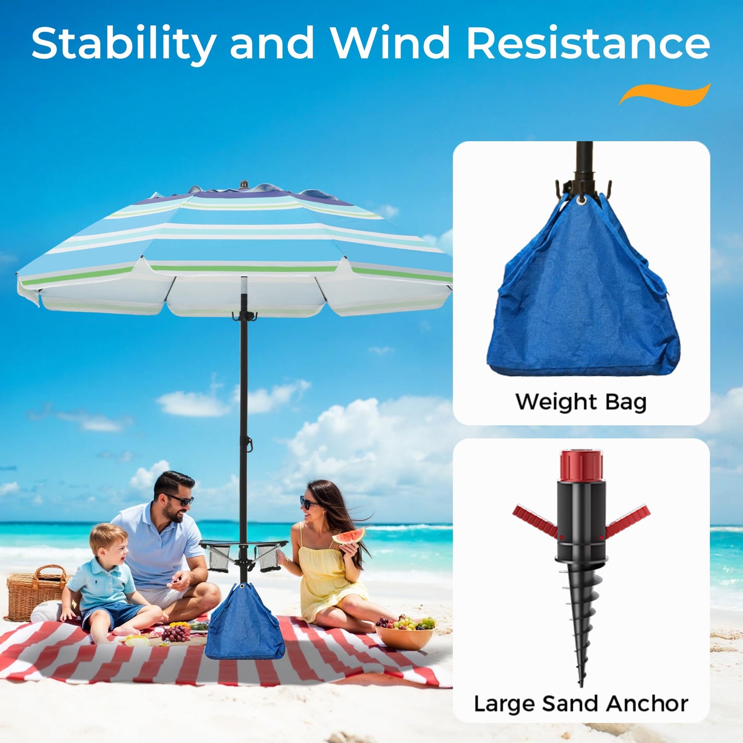 HOMEDEMO 8FT Large Beach Umbrella with Weight Bag & Sand Anchor, Outdoor Umbrellas with Adjustable Aluminum Pole and Built-in Table, Heavy Duty Windproof & UPF 50+ Design, Parasol, Blue Green White