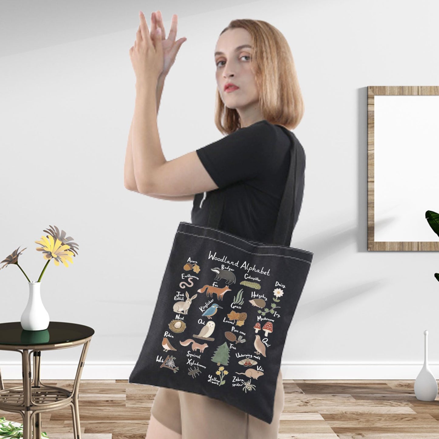 LEVLO Animal Alphabet Canvas Tote Bag - Woodland Themed Gift A-Z Grocery Bag (Black Tote)