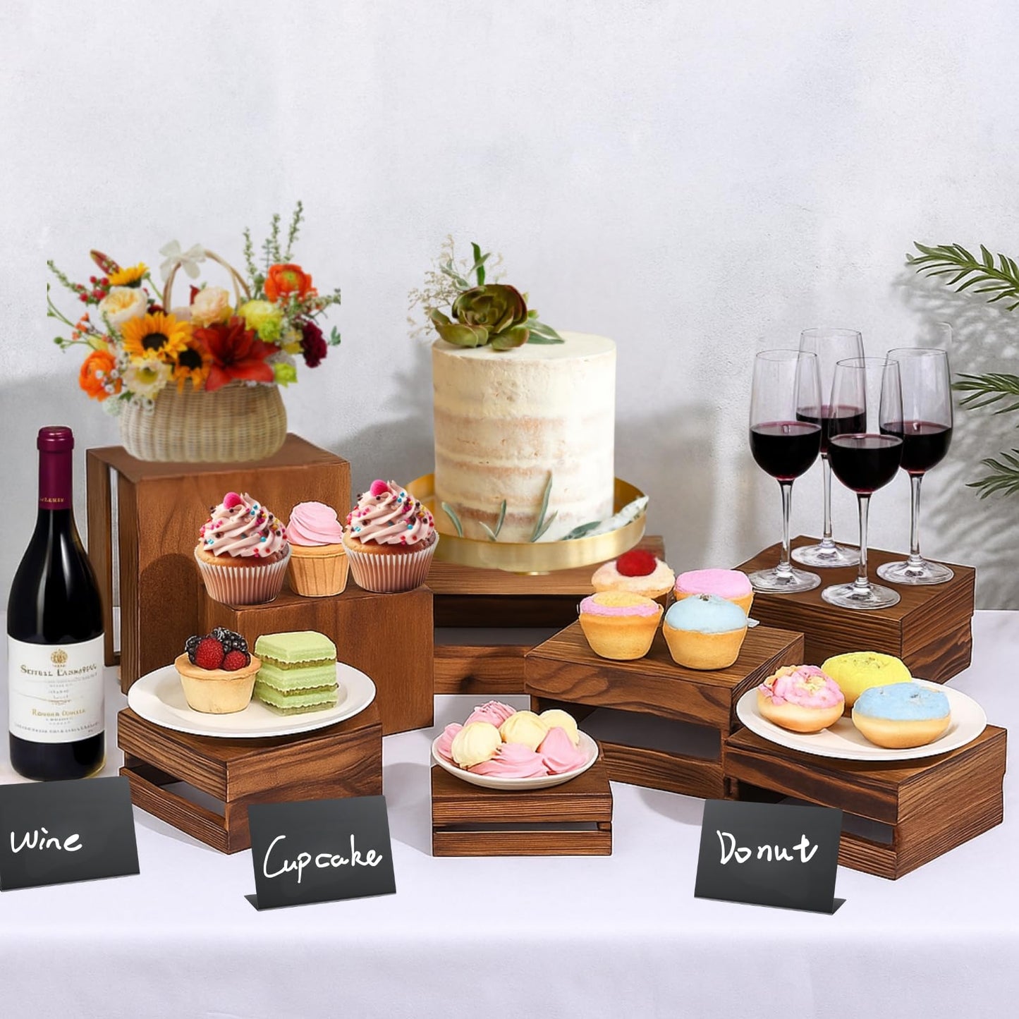 Merrifete 8PCS Wooden Buffet Risers and Stands with Reusable Table Signs, stackable Cube Rustic Wood Food Risers for Buffet Display, Cupcake Holder, Cupcake Stand, Dessert Table Display Set, 8PCS