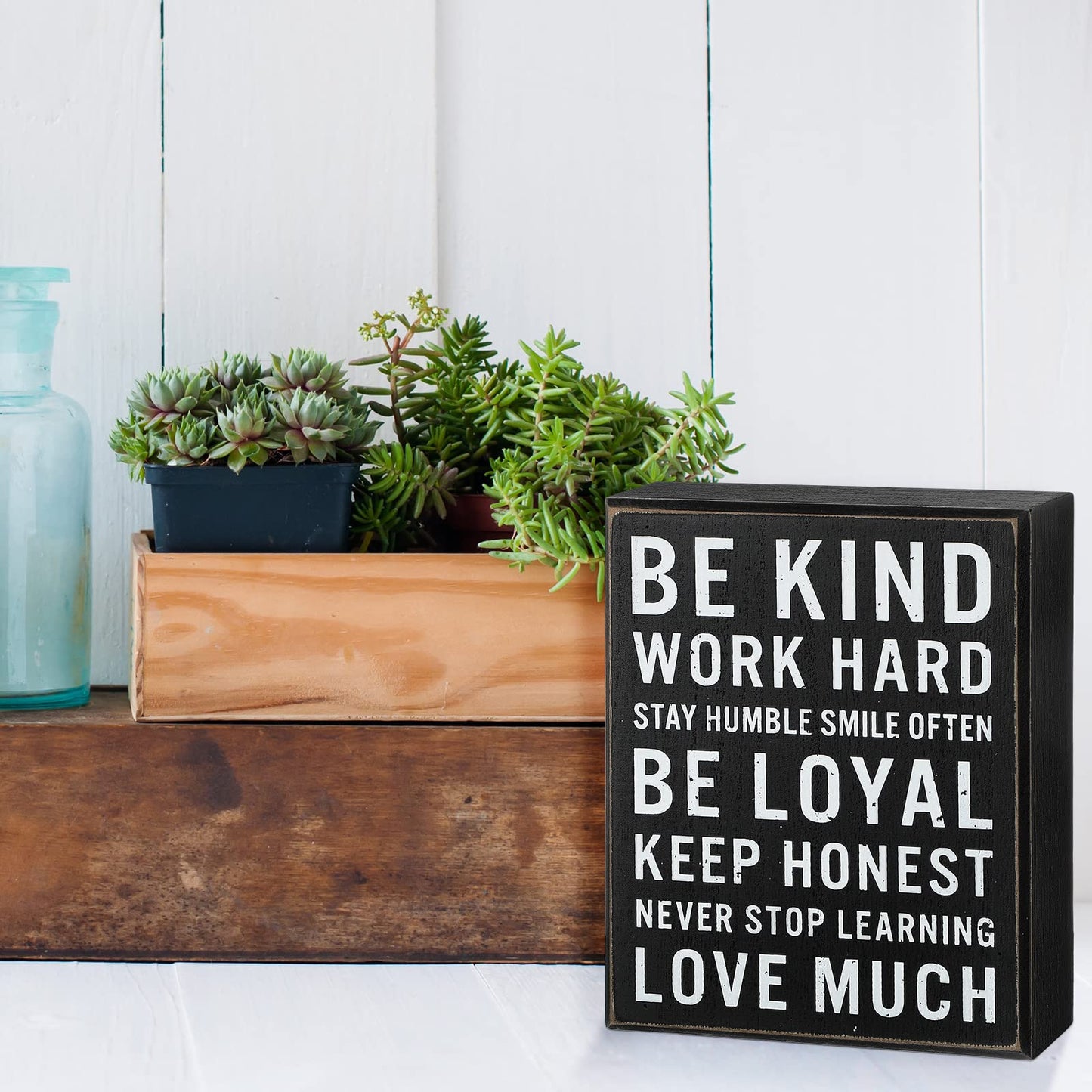 Be Kind Wooden Box Signs with Positive Quotes Sayings Inspirational Desk Decor Family Motivational Signs with Quotes for Farmhouse Office Employee Boss Desk Plaque 4.7 x 6 Inch(Black)