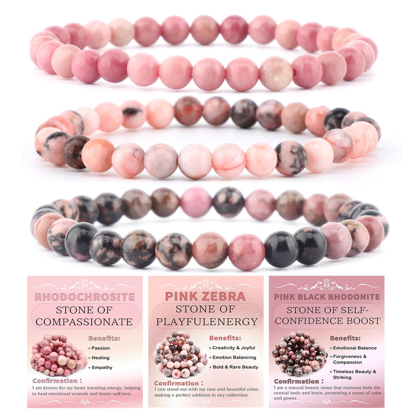 NCB 3-Piece 6mm Natural Crystal Gemstone Stretch Bracelets – ﻿Rhodochrosite, Pink Zebra, Pink Black Rhodonite Handmade Reiki Energy Healing Jewelry for Meditation,Yoga, Unisex