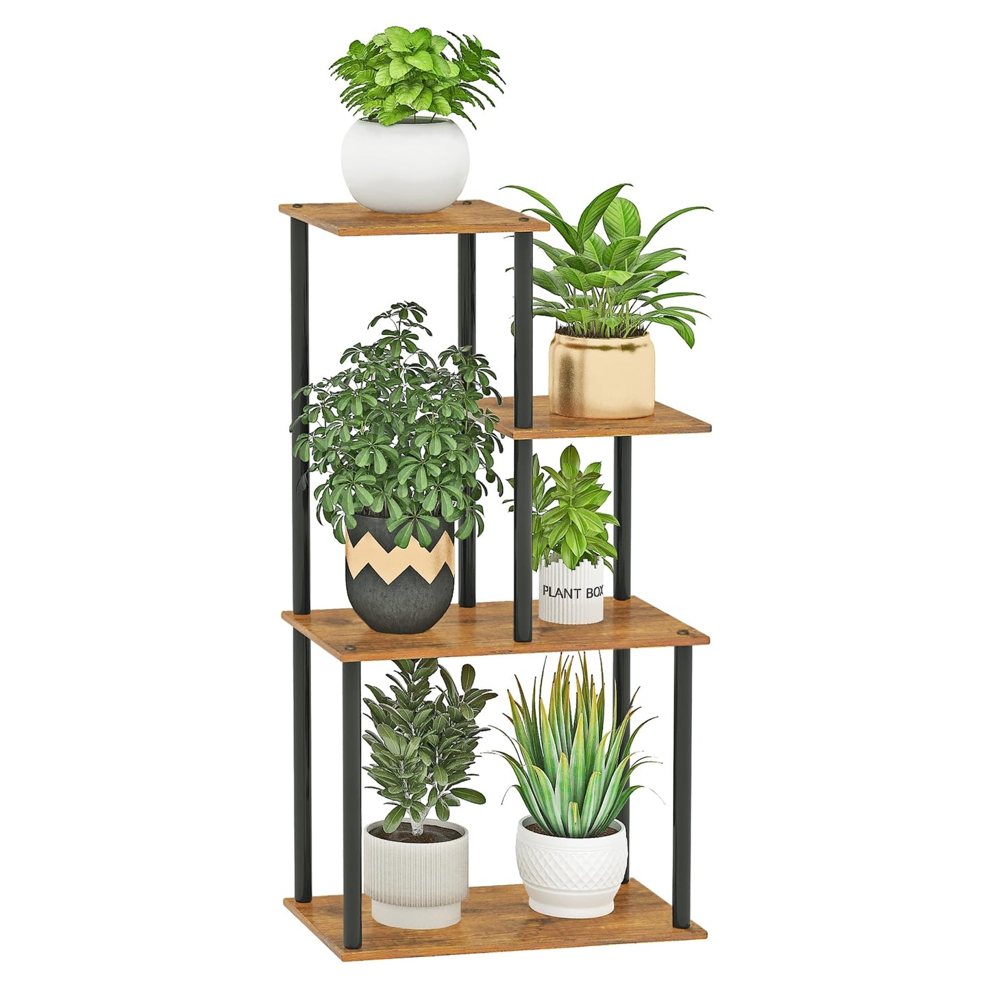 yeavs Plant Stand Indoor, 4-Tier Plant Shelf Multiple Metal Wood Flower Pot Holder for Living Room Office Balcony Patio, Rustic Brown