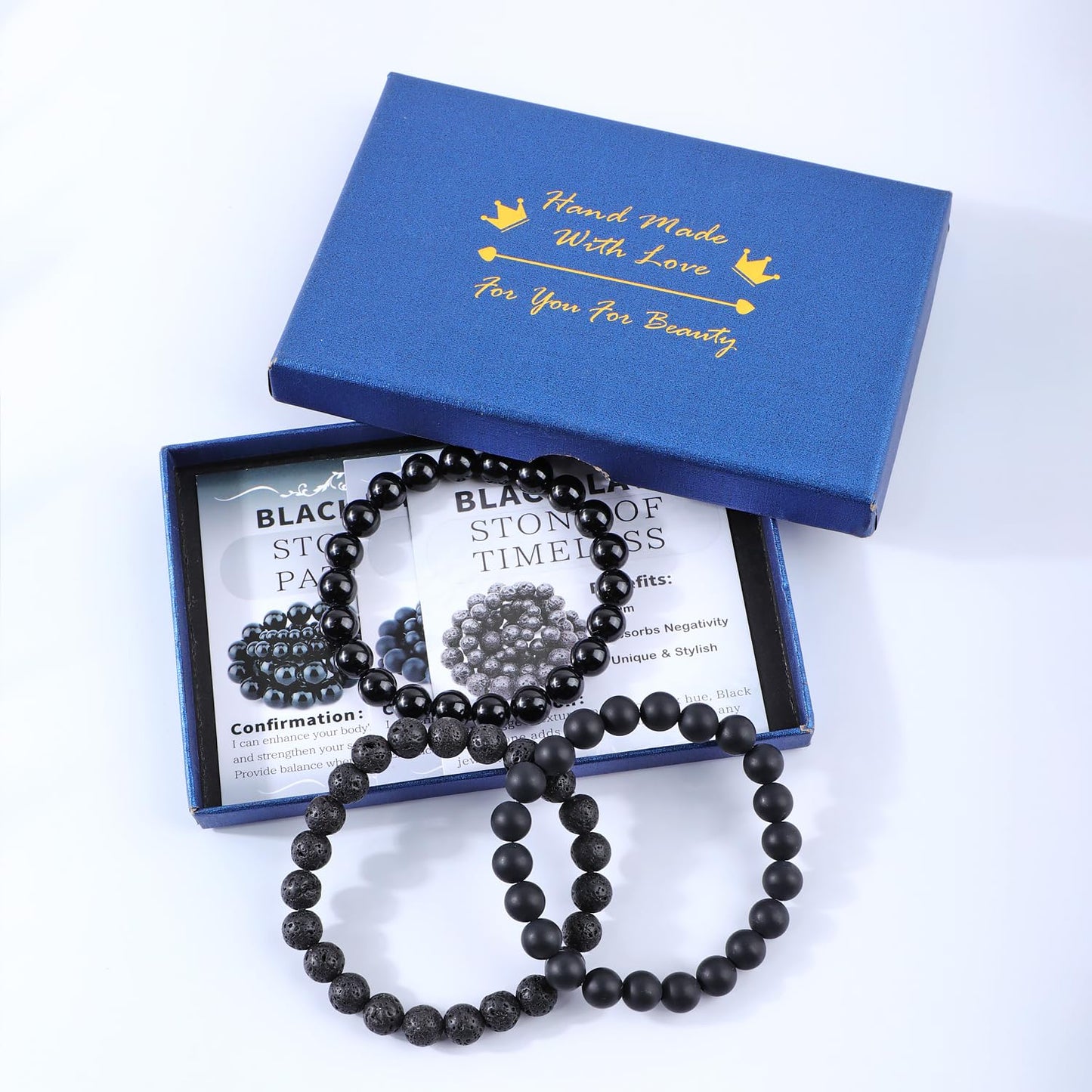 NCB 3-Piece 8mm Natural Crystal Gemstone Stretch Bracelets – ﻿Black Lava, Black Onyx, Matte Black Agate Handmade Reiki Energy Healing Jewelry for Meditation,Yoga, Unisex