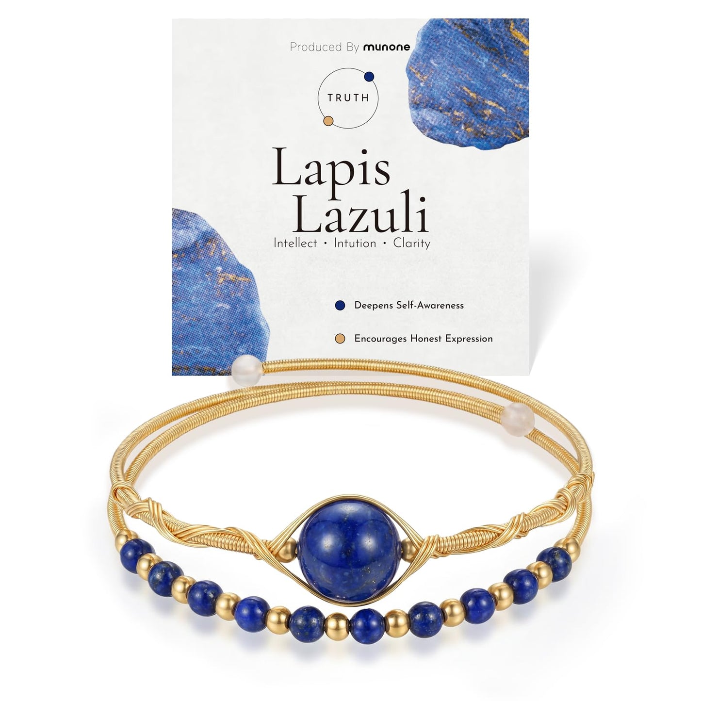 munone Lapis Lazuli Crystal Bangle Bracelet for Women,14K Gold Plated Adjustable Wire Wrapped Double Layer Cuff Bracelets,Healing Crystal Beads Gifts