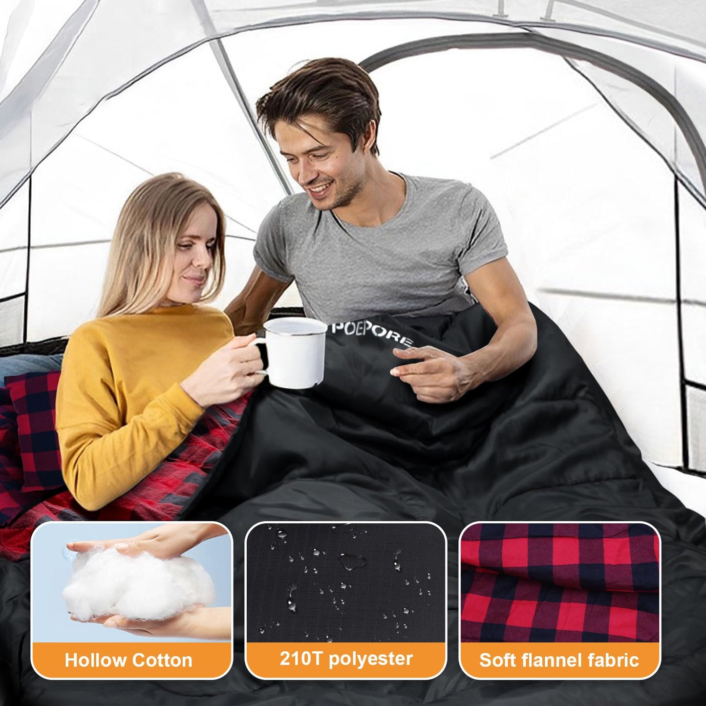 POEPORE Double Sleeping Bag Flannel for Adults with 2 Pillows 2 Person Sleeping Bags Camping XXL Queen Size Two Person Sleeping Bag for Cold Weather