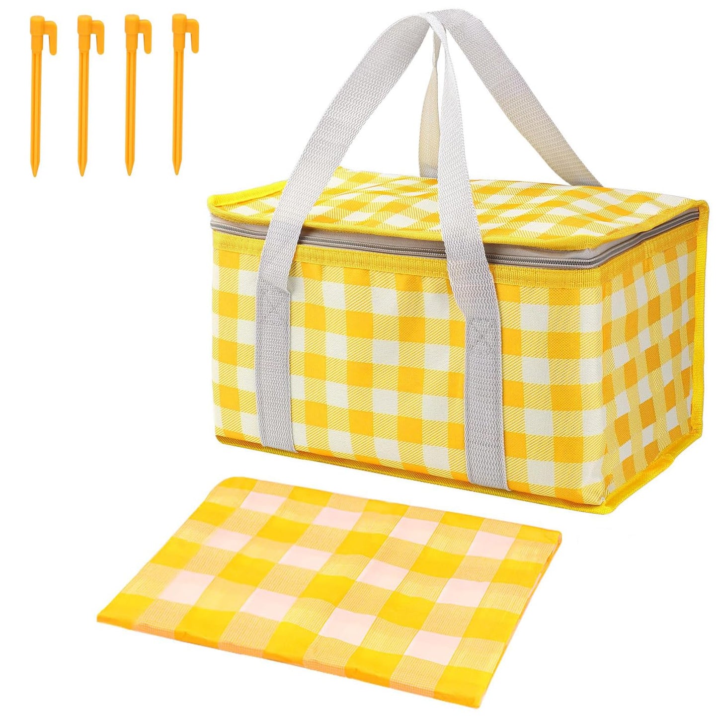 Insulated Picnic Bag with Leakproof Liner Foldable Reusable Cooler Basket Includes Disposable Picnic Mat Sturdy Handle Ideal for Outdoor Activities Travel Beach Camping (Yellow)