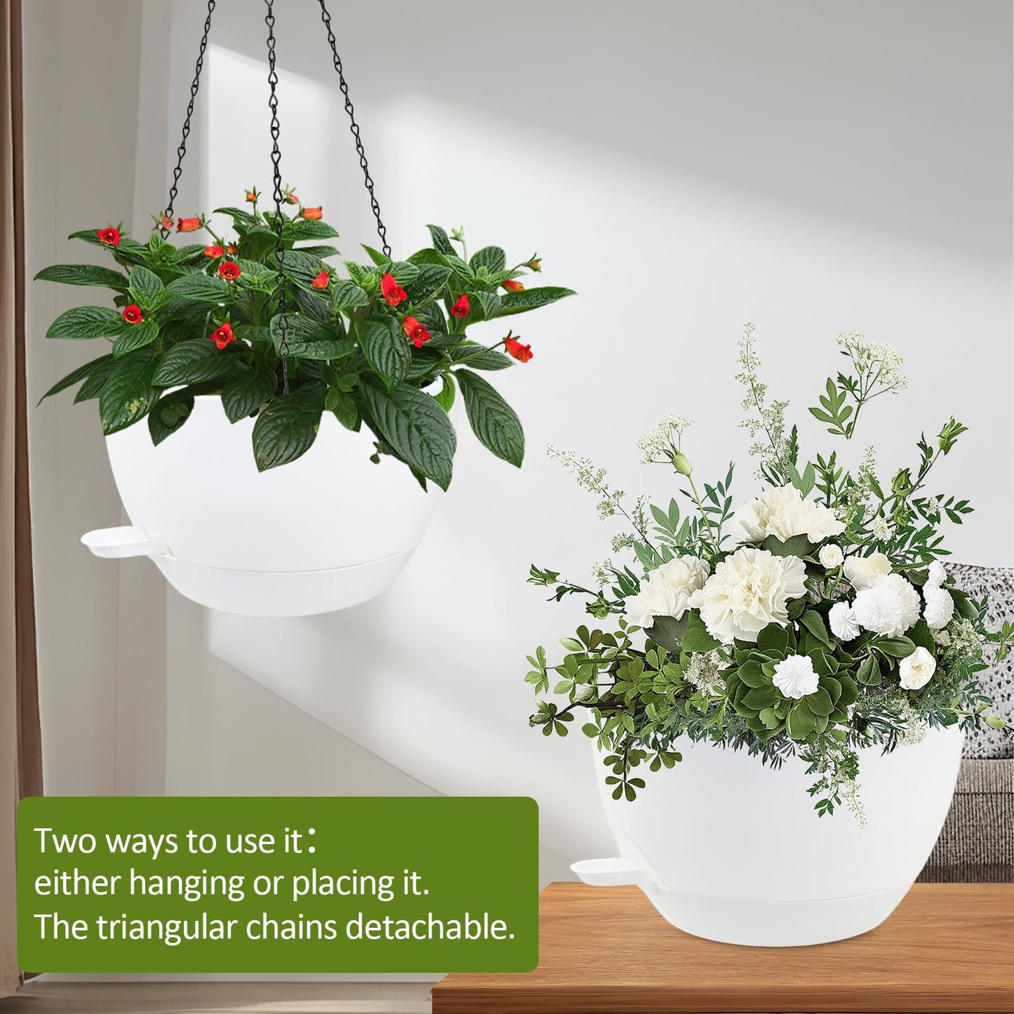 WOUSIWER Self Watering Hanging Planters, 2 Pack 12'' Plastic Pots with Drainage Holes & Reservoir Tray (White) | Indoor & Outdoor Use for Ferns, Ivy, Herbs, Succulents
