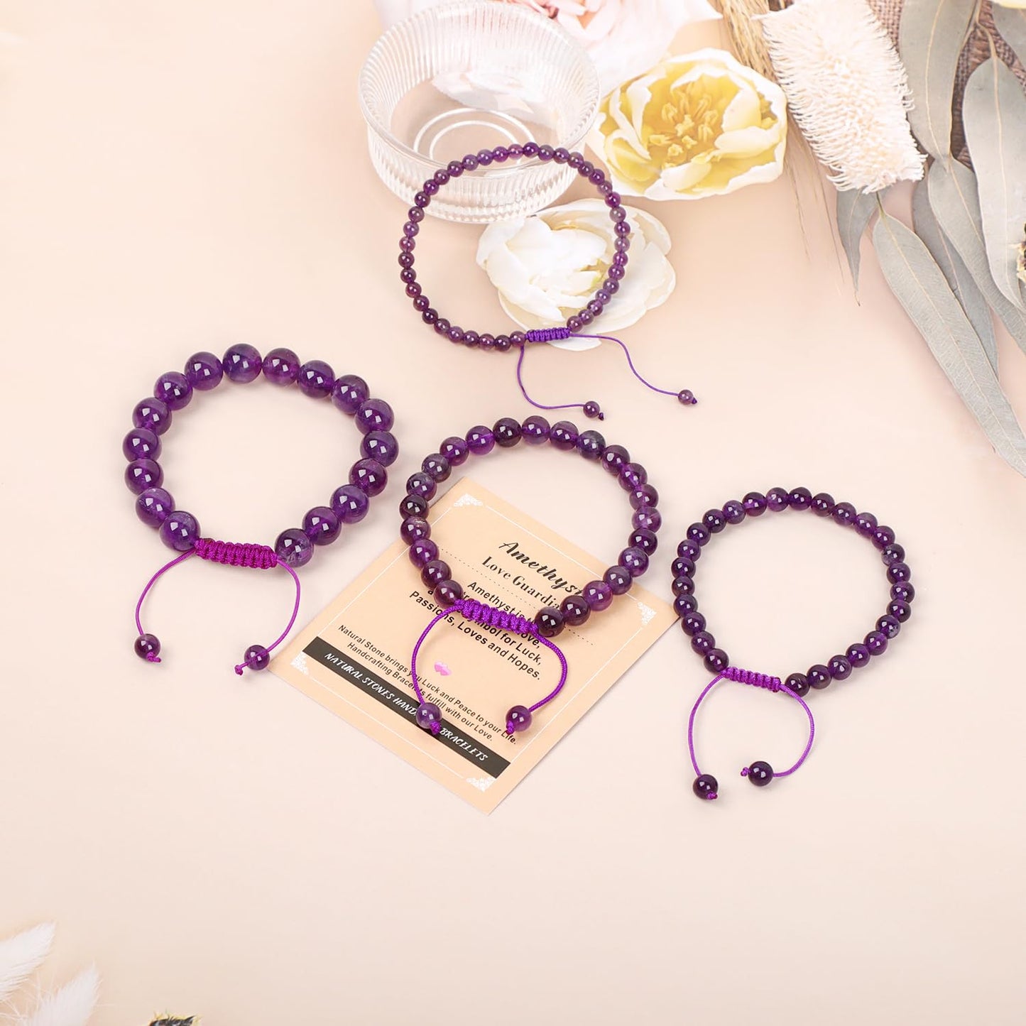 AD Beads 8mm Amethyst Bracelet - Stone of Love Guardian - Handmade Natural Stone Crystal Bracelet with Adjustable Macrame String - Yoga Healing Power Energy Gifts for Men and Women