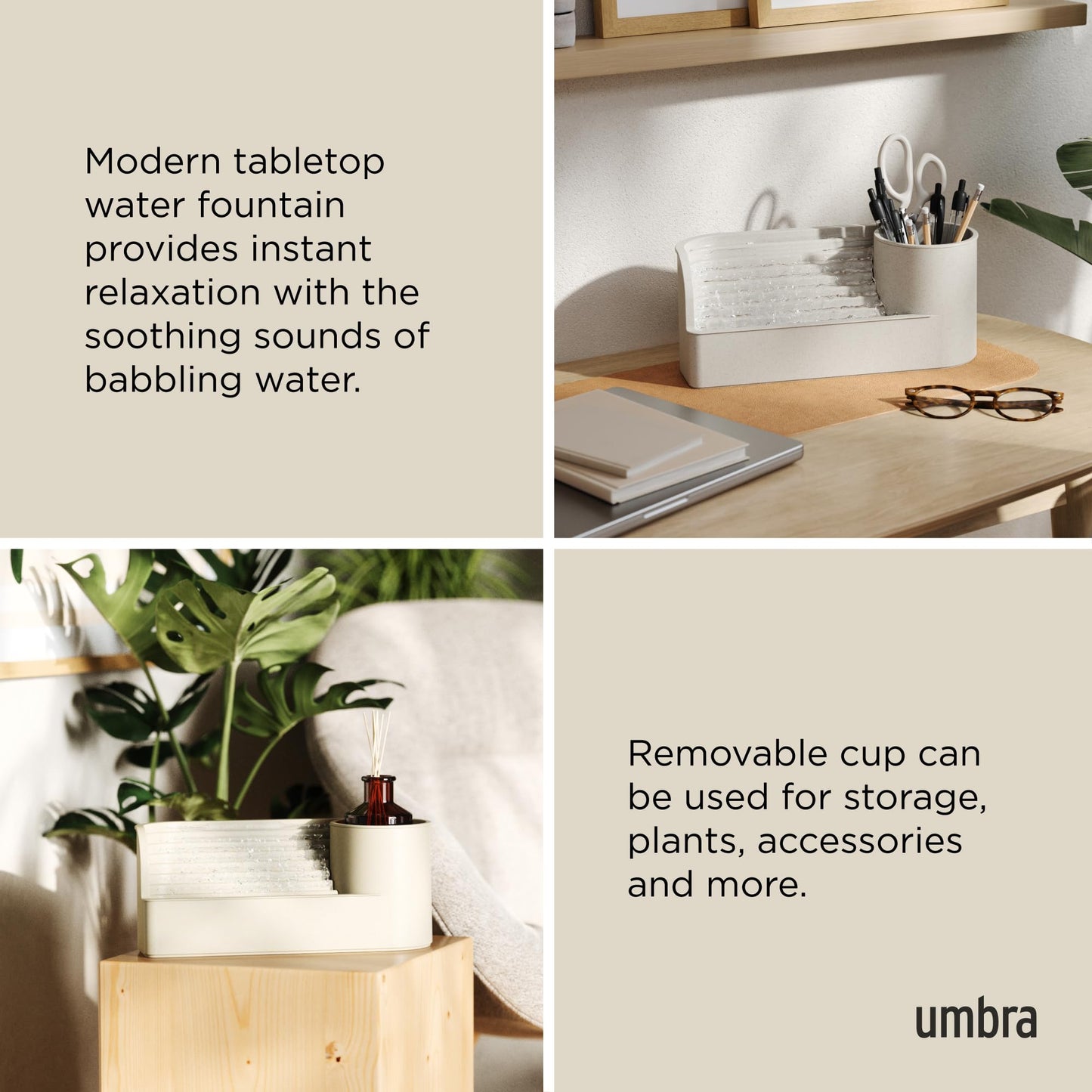 Umbra Stream Water Fountain for Tabletop Desktop - Soothing and Calming Zen for Bedroom or Office, Sand