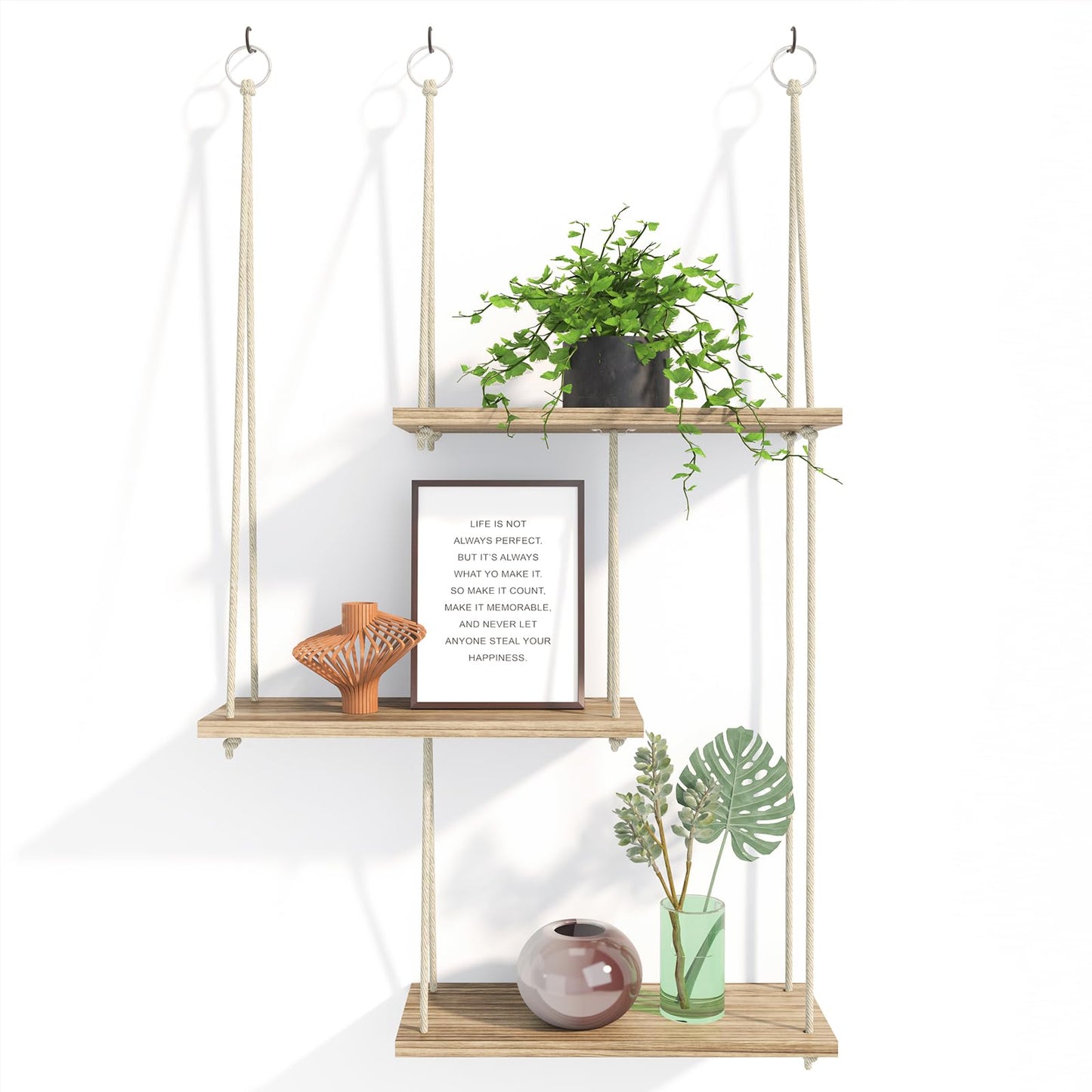 Fixwal Hanging Plant Shelves for Wall, 3 Tier Boho Wall Decor Plant Rack Floating Shelves Rope Rustic Wood Organizer Storage Hanger for Aesthetic Home Bedroom Kitchen Bathroom- Rustic Brown