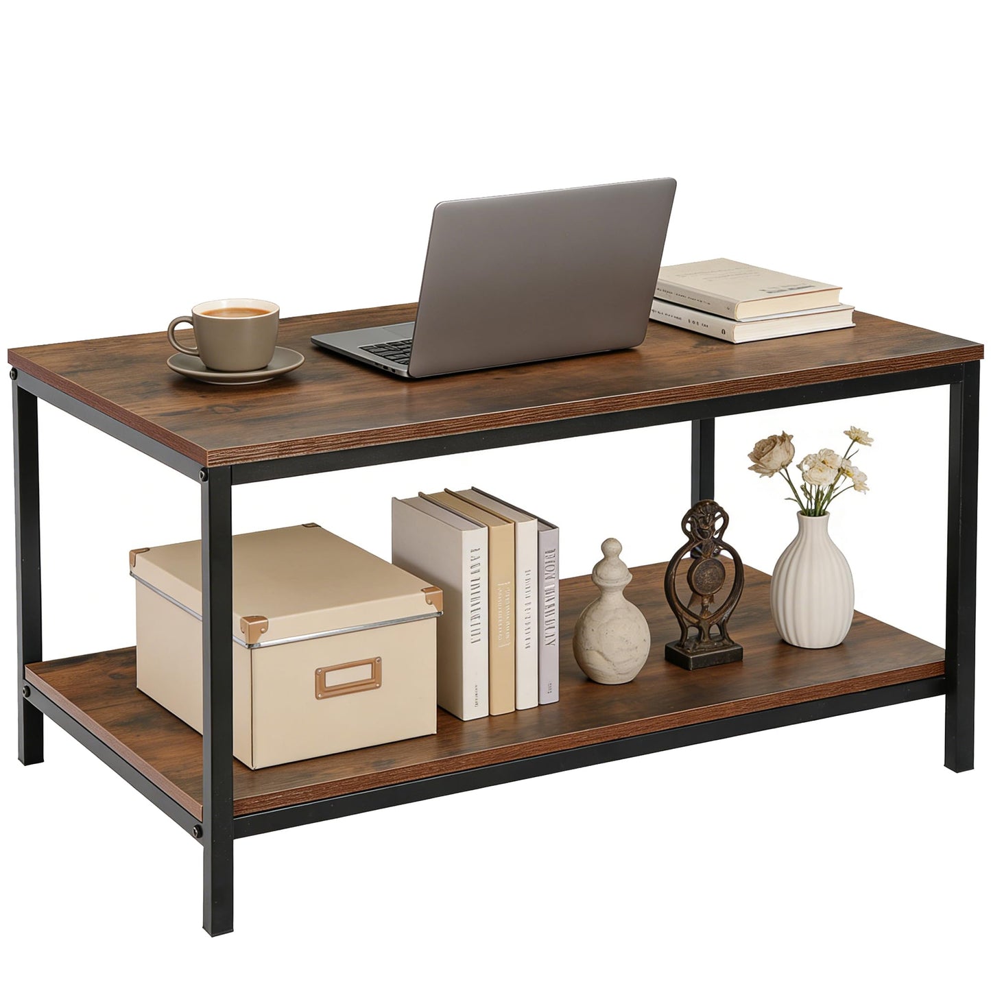 SUPER DEAL 2-Tier Industrial Coffee Table with Storage Shelf for Small Apartment Living Room, Rectangle Wood and Stable Metal TV Stand Side End Table, Rustic Brown