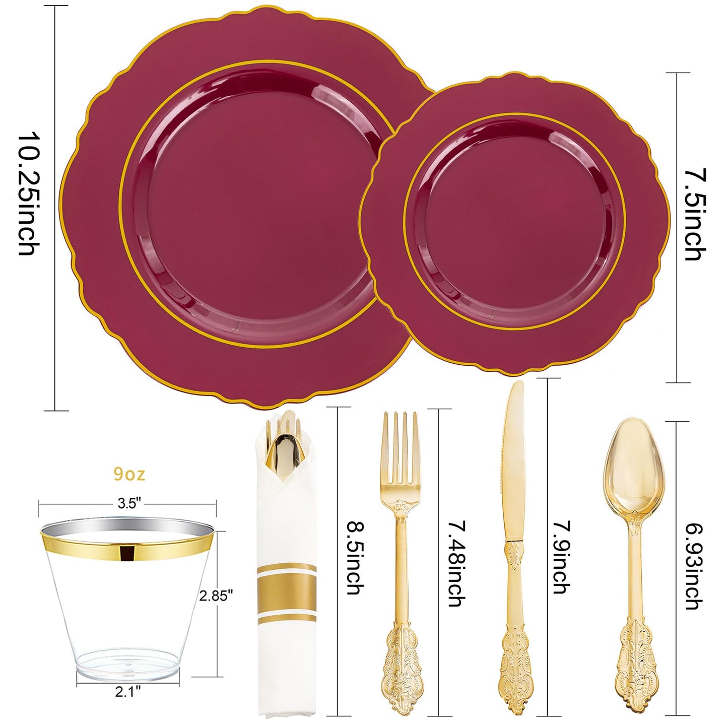 Liacere 350PCS Red Plastic Plates-Disposable Burgundy Red and Gold Plates 50guest Baroque Plastic Dinnerware include 100Plates, 50Pack Pre Rolled Napkins with Silverware 50Cups for Wedding&Mothers Day