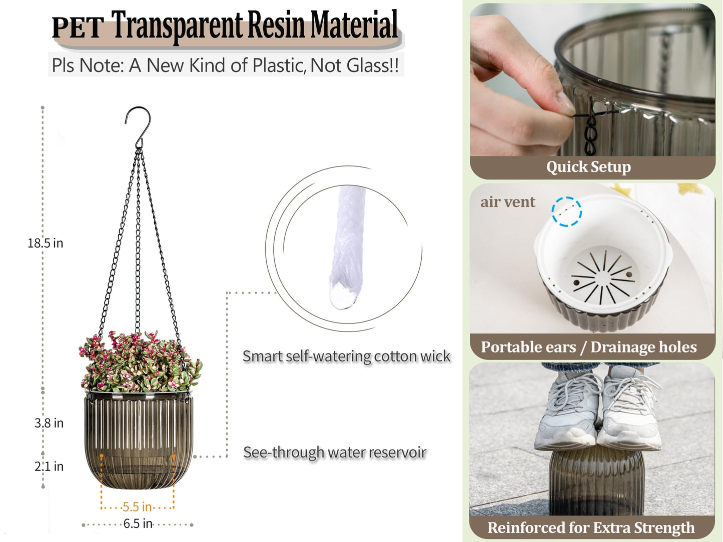Melphoe 2 Pack Self Watering Hanging Planters Indoor Flower Pots, 6.5 Inch Outdoor Hanging Plant Pot Basket, Plant Hanger with 3Hooks Drainage Holes for Garden Home (Gray)