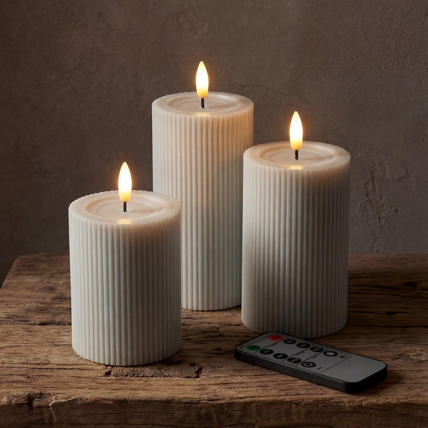 West Ivory Fluted Ribbed LED Pillar Candles, Cream Beige, with Reflective Melted-Wax Effect – Flickering Flame, Remote, Dimmable, Flameless, Battery Operated, Home & Wedding Decor (Set of 3)