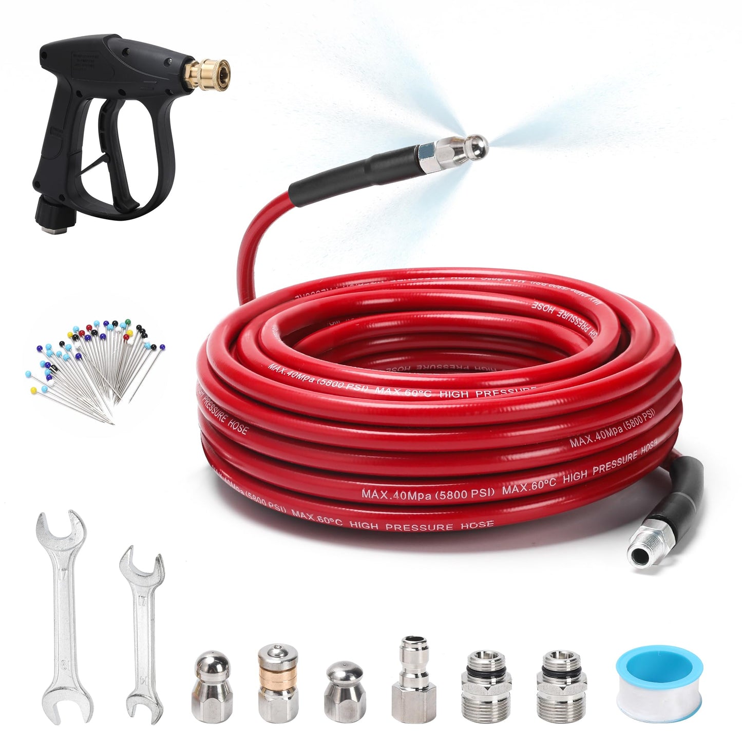Sewer Jetter Kit for Pressure Washer 50 FT, Drain Cleaner Hose with Power Washer Gun, 1/4 Inch NPT Corner, Rotating and Button Nose Sewer Jetting Nozzle,Waterproof Tape, Pearl Corsage Pin, Spanner