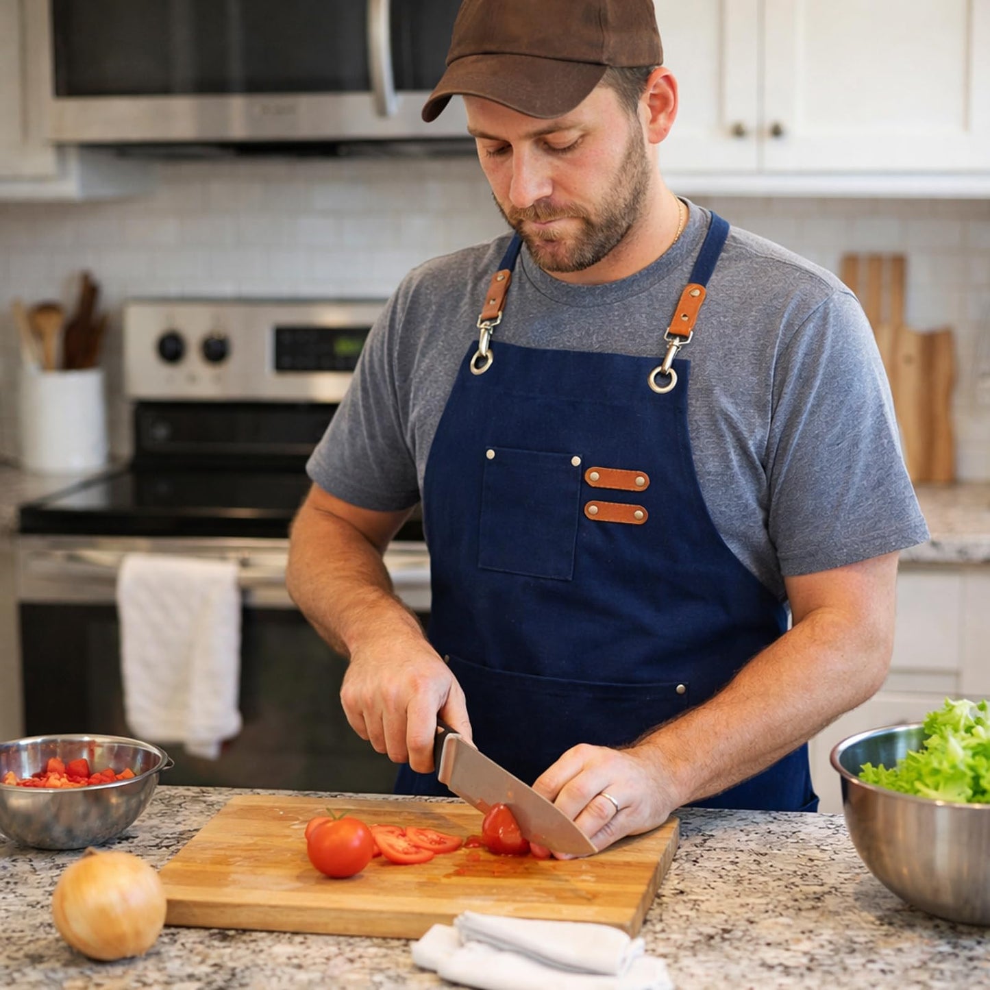 ARBINSON Chef Aprons for Men Canvas Apron with Large Pockets and Adjustable Neck Strap for Cooking, BBQ, Gardening (Blue)
