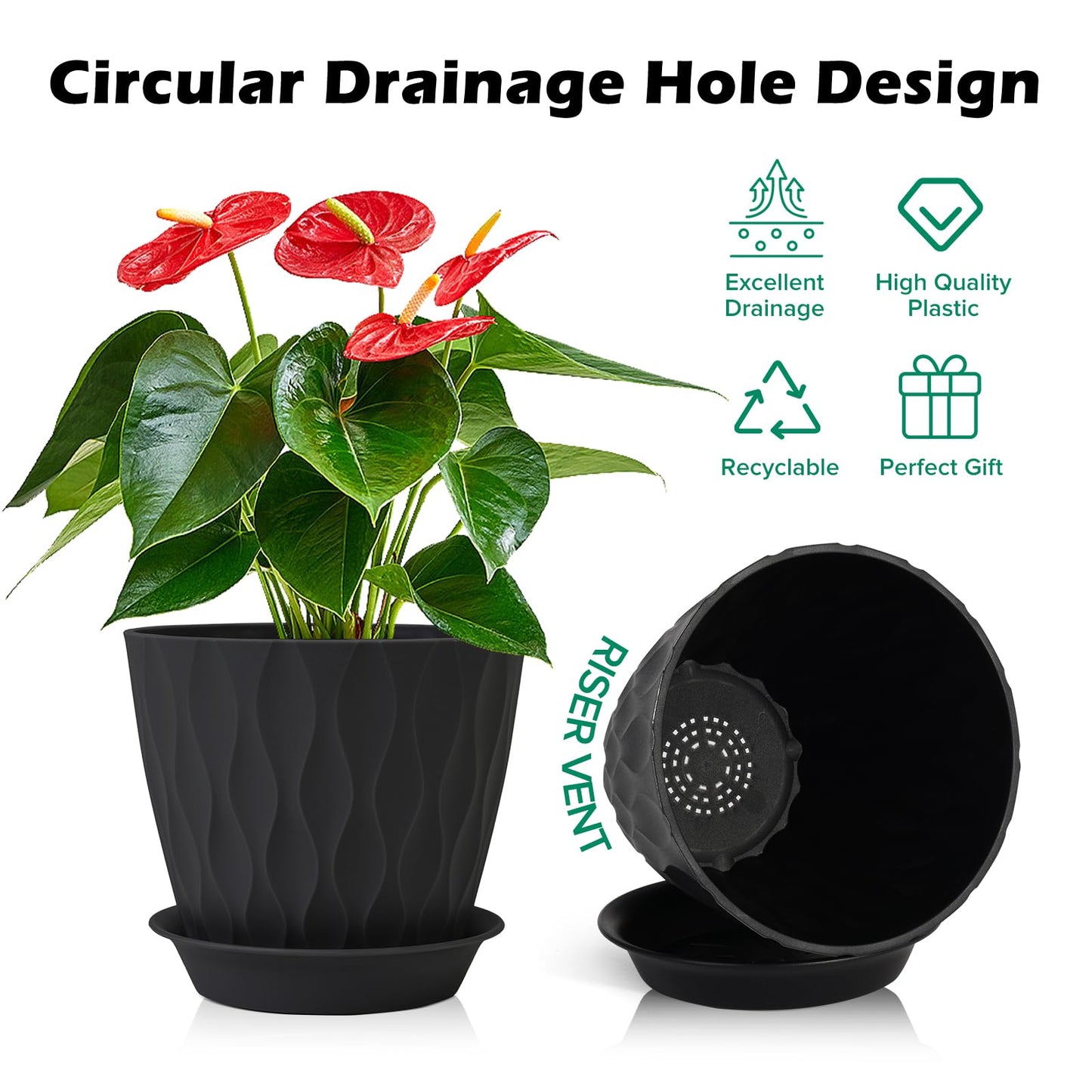 GARDIFE 7/6.5/6/5.5/5/4.5/4 inch Plant Pots, 7 Pack Flower Pots Indoor Outdoor, Planters with Drainage Holes and Tray Saucers (Black)