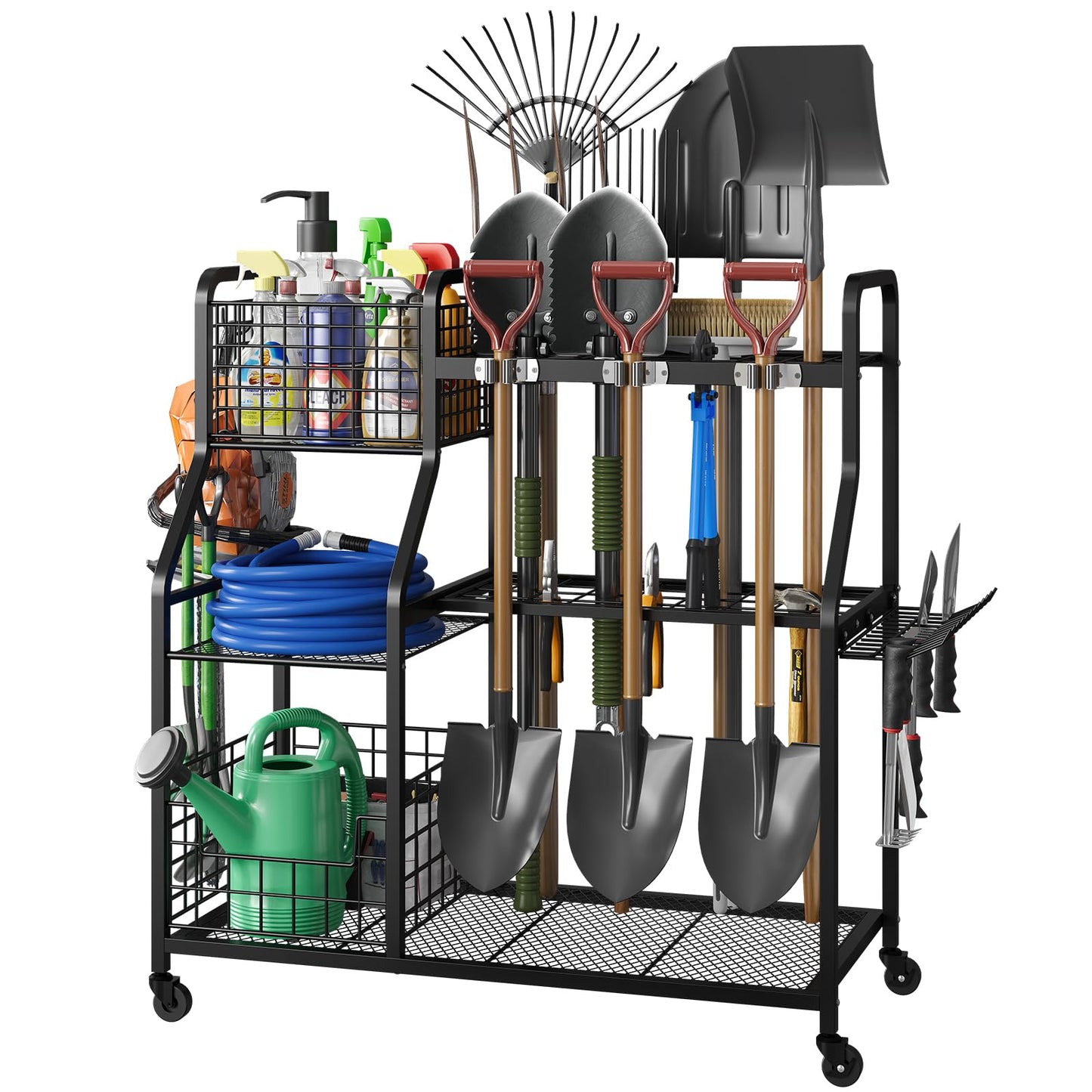 keomaisyto Garden Tool Organizer with Heavy Duty Wheels for Garage - with 2 Baskets, Large Yard Tool Organizer and Storage Holder, Utility Garden Tool Rack for/Shed/Garage/Yard/Basement/Lawn