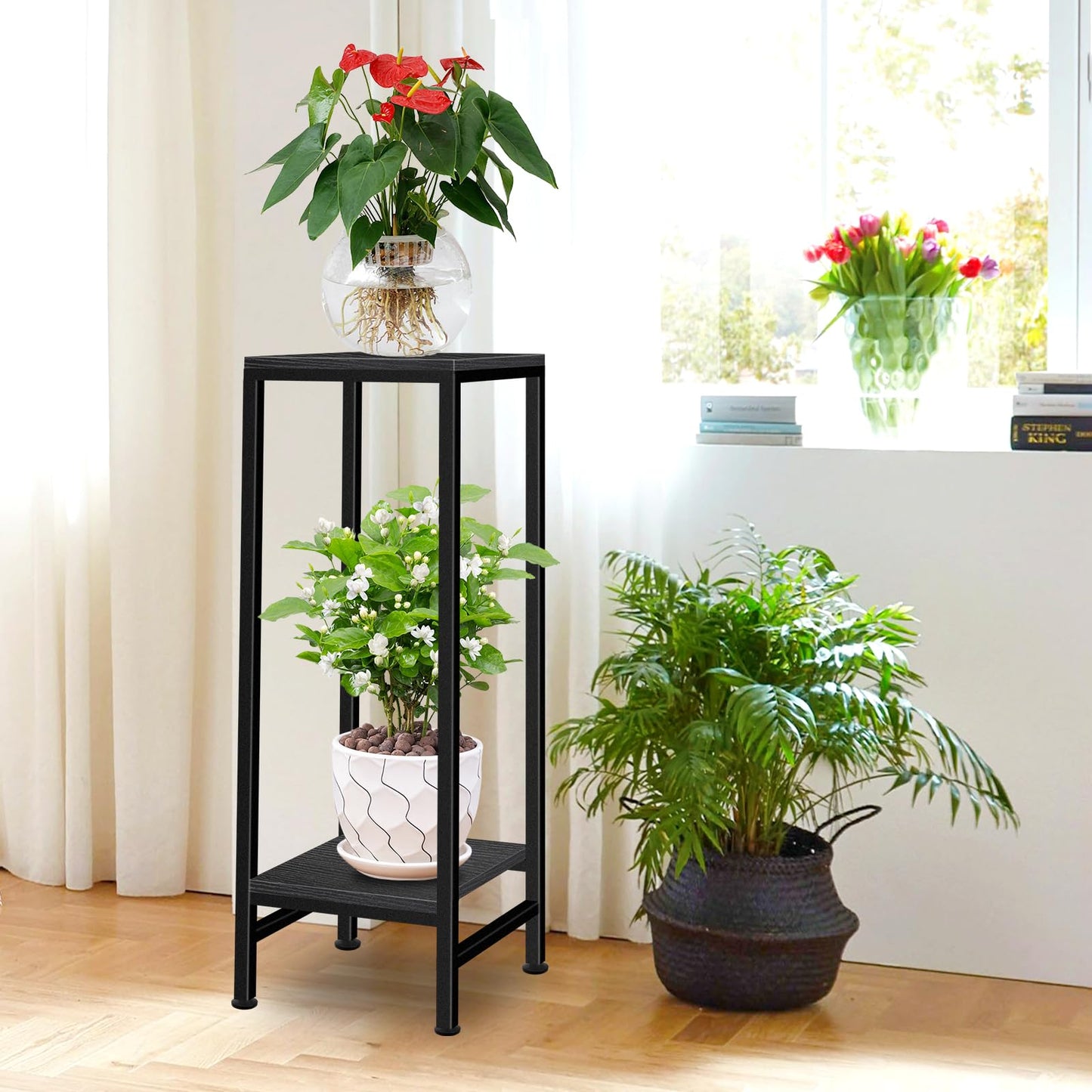 Plant Stand Indoor, Tall Plant stands for Indoor Outdoor Plants, 2 Tier Heavy Duty Plant Shelf 31" Metal Pedestal Stand Modern Corner Flower Stand for Patio, Living Room, Balcony(Black)