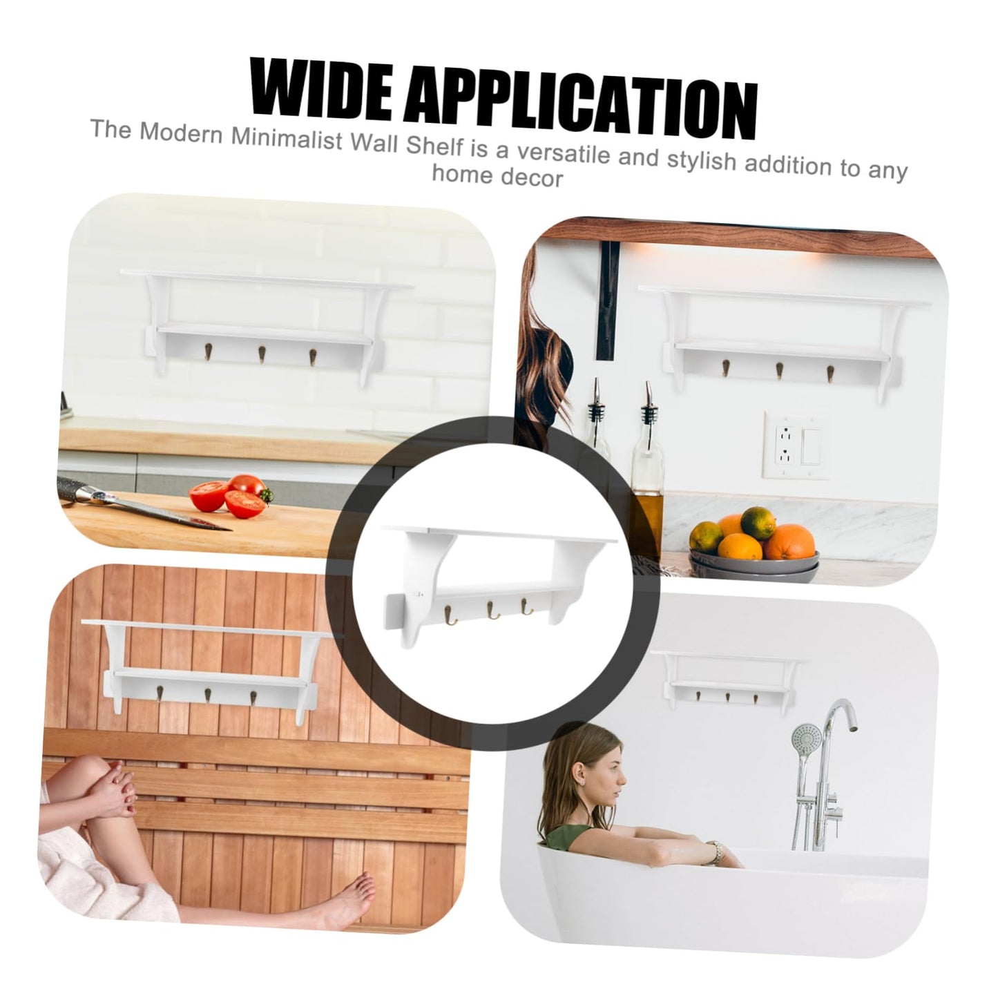 ABOOFAN Modern Wall Shelf with Hooks Floating Storage Rack for Home Decor Key Holder and Organizer Design for Entryway Bedroom and Bathroom Elegant White Finish