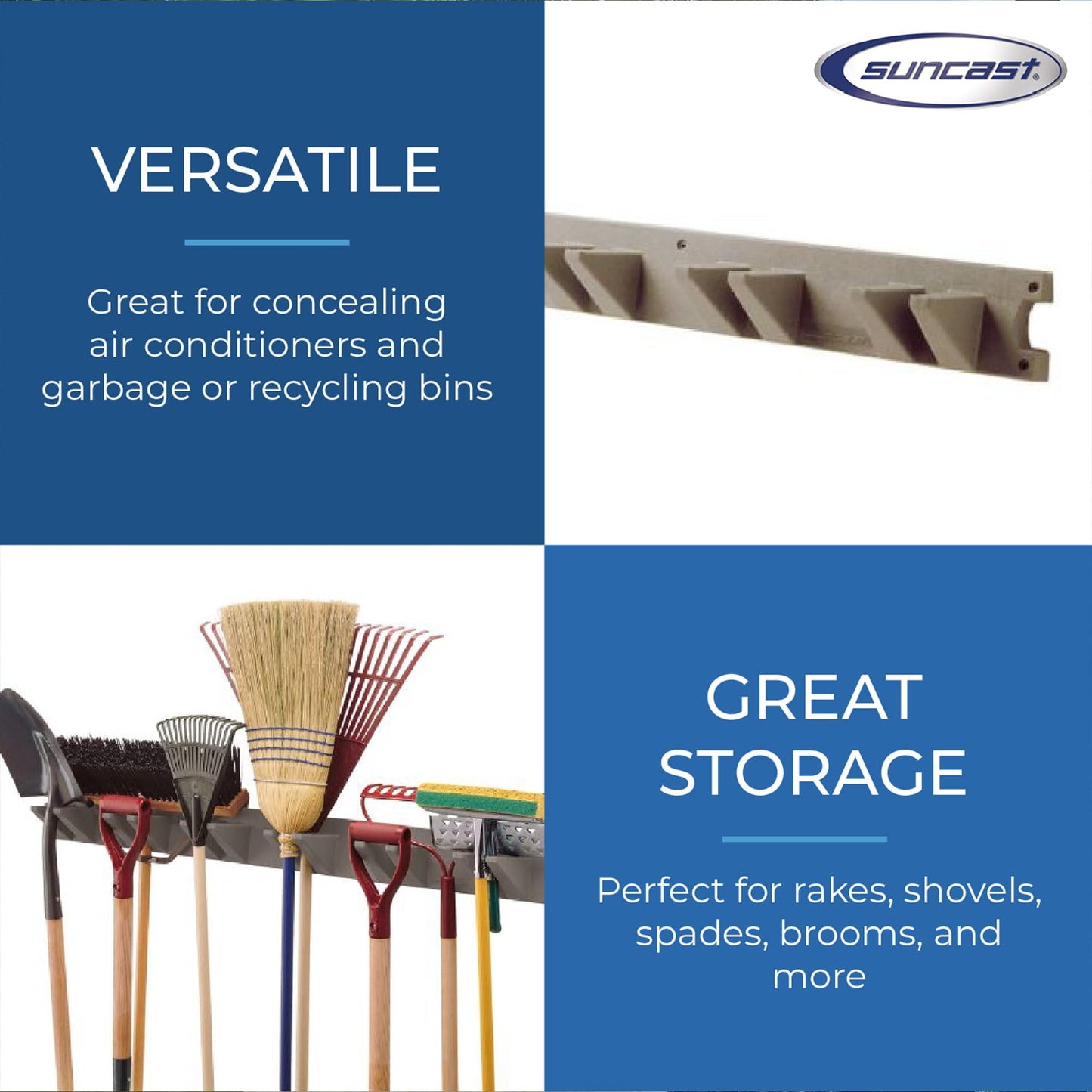 Suncast Wall-Mounted Long-Handled Garden-Tool Hanger, 4-Foot Storage Rack for Rakes, Shovels, and Brooms, Holds 12 Tools, 120 lb Capacity