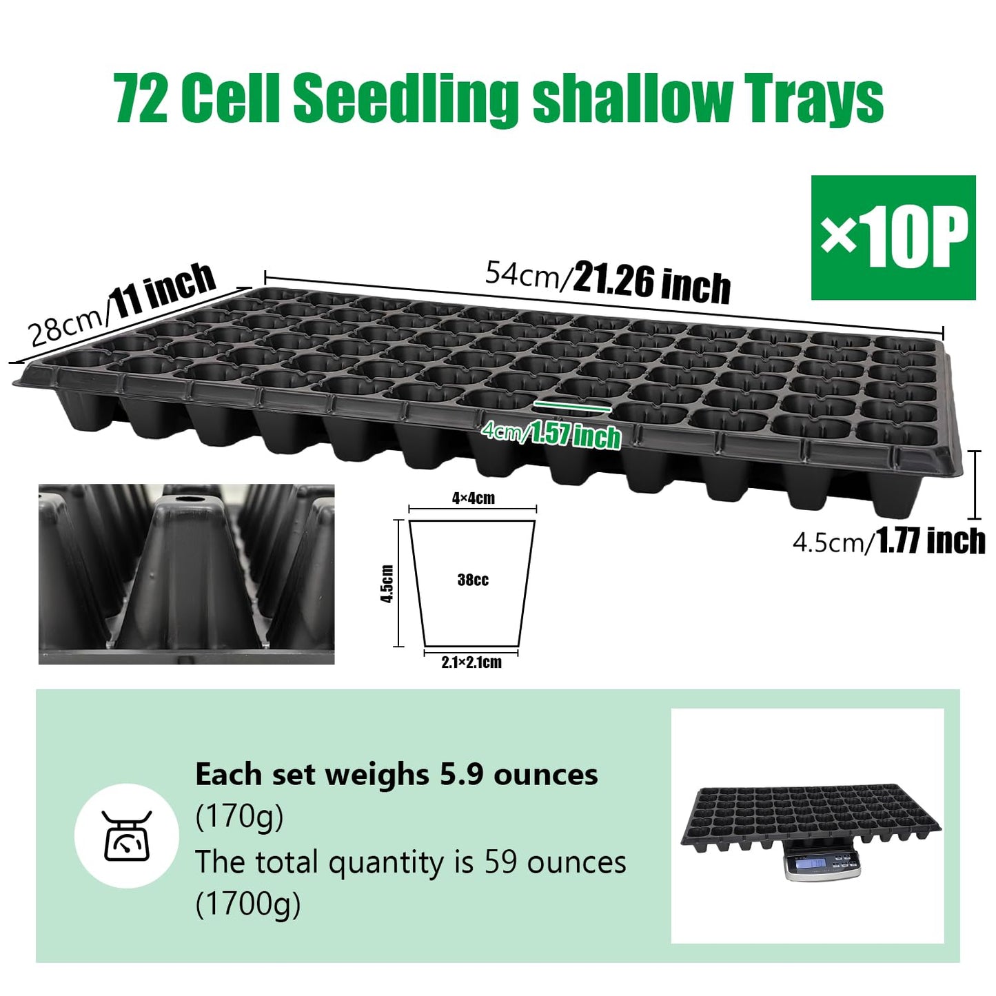 RooTrimmer 72 Cell Seed Trays, Thick Durable 72 Cell Plug Tray Seedling Plastic Nursery Tray for 1020 Flat Germination (10-Pack, 21"×11", 1.81" Height, Low)