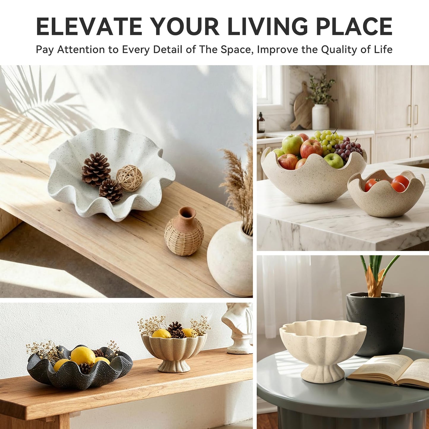KEWOOL Scalloped Decorative Bowl Home Decor - 12.6" Modern Handicraft Large Shell Ruffle Decorative Fruit Bowl for Kitchen Counter, Chic Key Tray for Entryway Table, Artificial Stone White