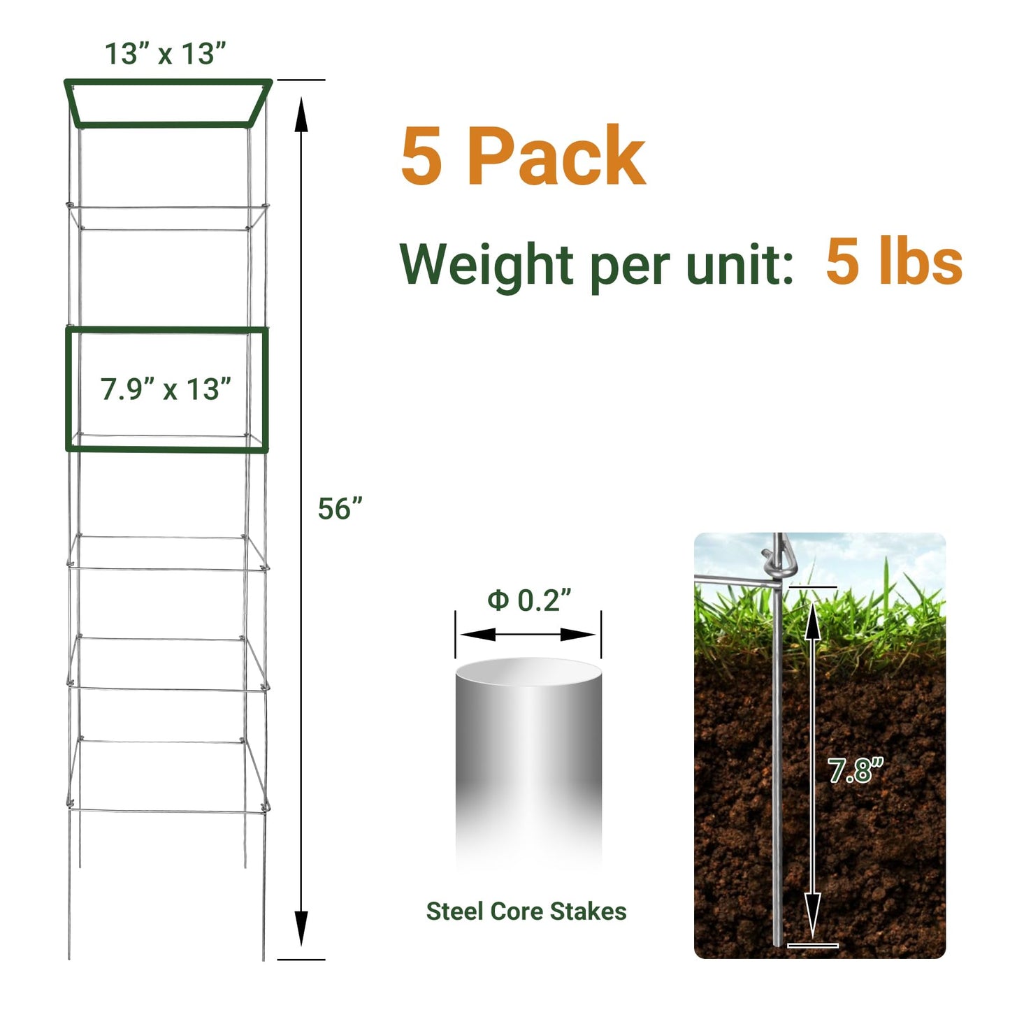 Toriexon Metal Foldable Tomato Cages 13" x 56", Square Tomato Cages Plant Support for Vegetable Garden, Heavy Duty Tall Tomato Cages for Beans, Tomatos, Cucumbers - 5 Pack