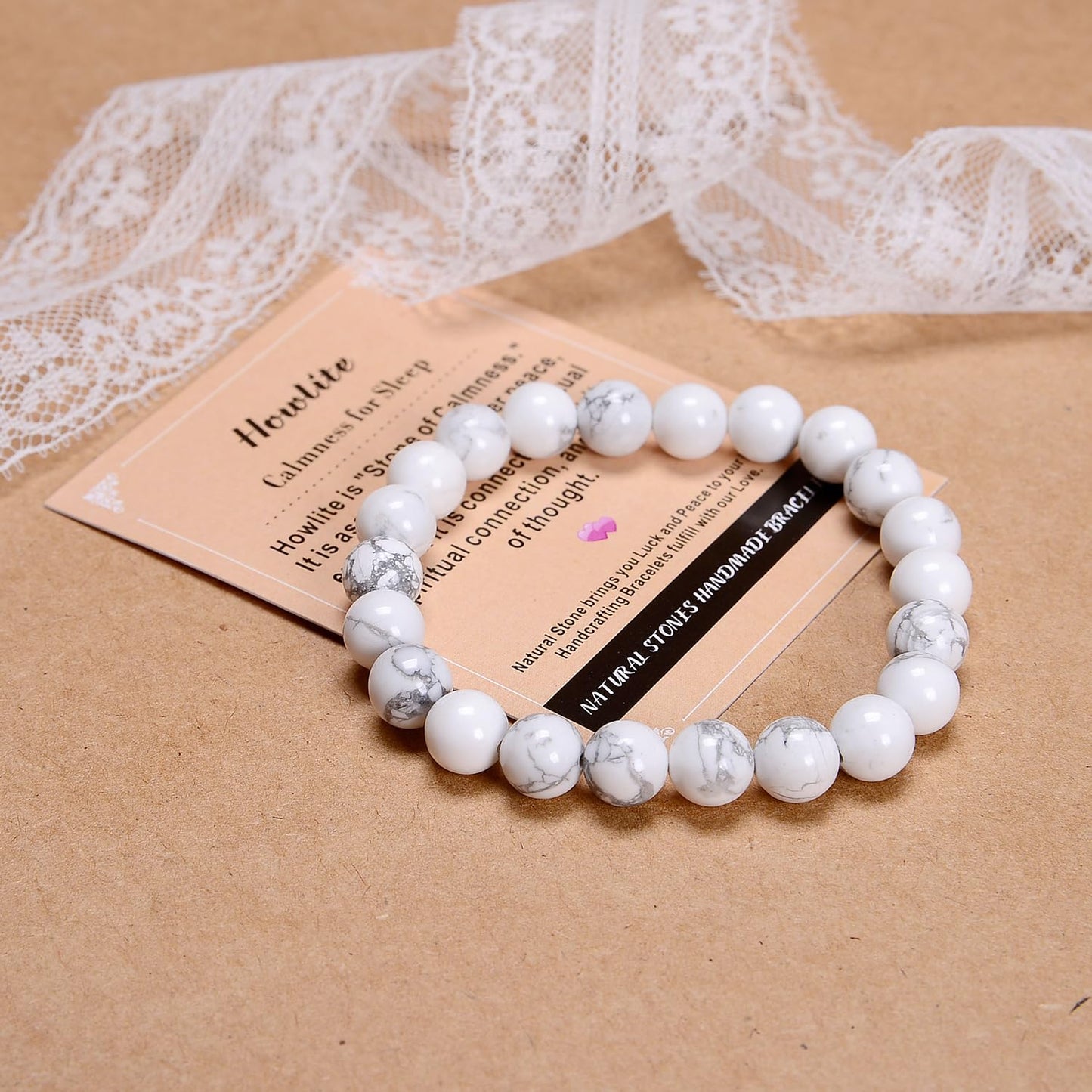 AD Beads Handmade Gemstone Stretch Elastic Bracelet Crystal Healing Reiki Nature's Beauty and Spiritual Essence Unisex (8mm, Howlite (Calmness for Sleep))