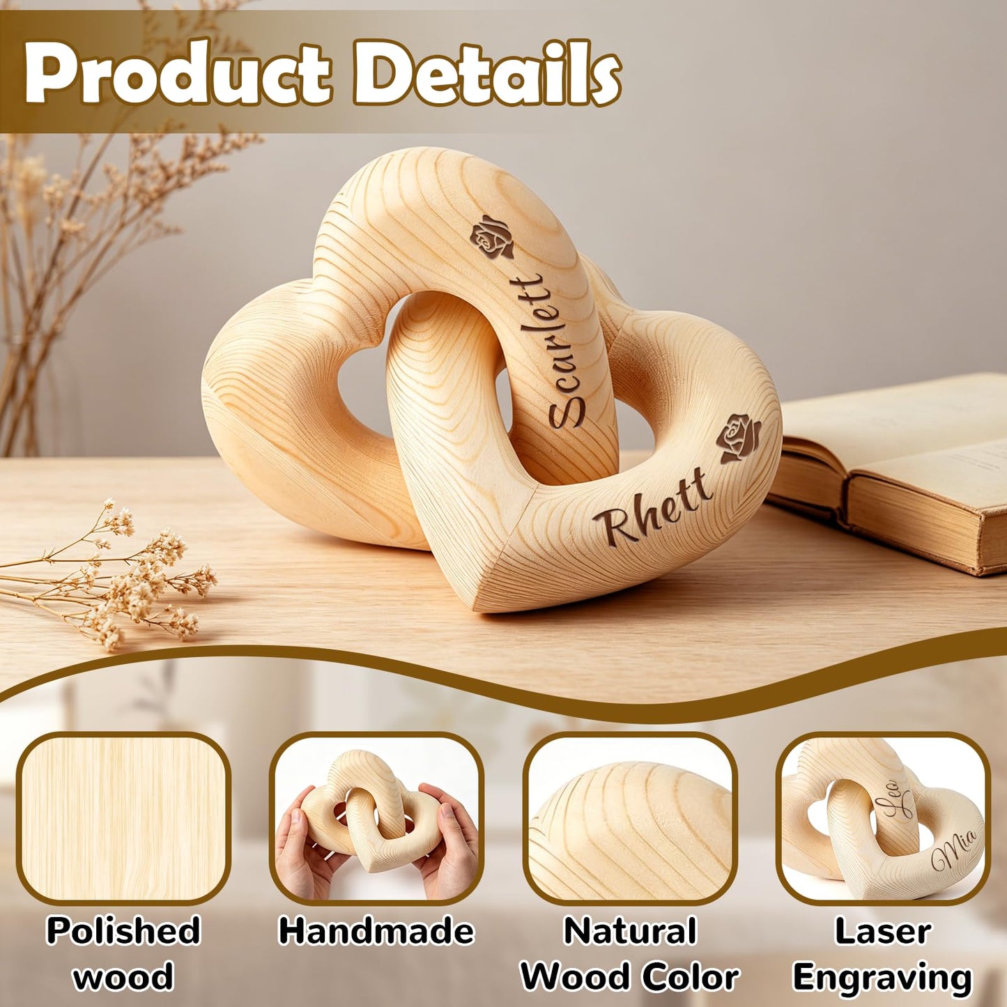Personalized Wooden Hearts with Names – Infinity Heart Sculpture, Custom Laser Engraved Wooden Hearts for Couples, Romantic Wedding & Anniversary Keepsake, Sentimental Home Décor Accents