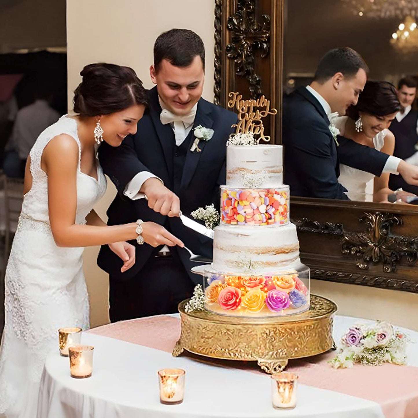 NPPLUS 2PCS Acrylic Fillable Cake Stand Cake Riser Cake Tier, Round Cylinder Display Riser Display Box, Decorative Centerpiece for Wedding Birthday Party (10" Dx4 H inch, 6" Dx4 H inch)